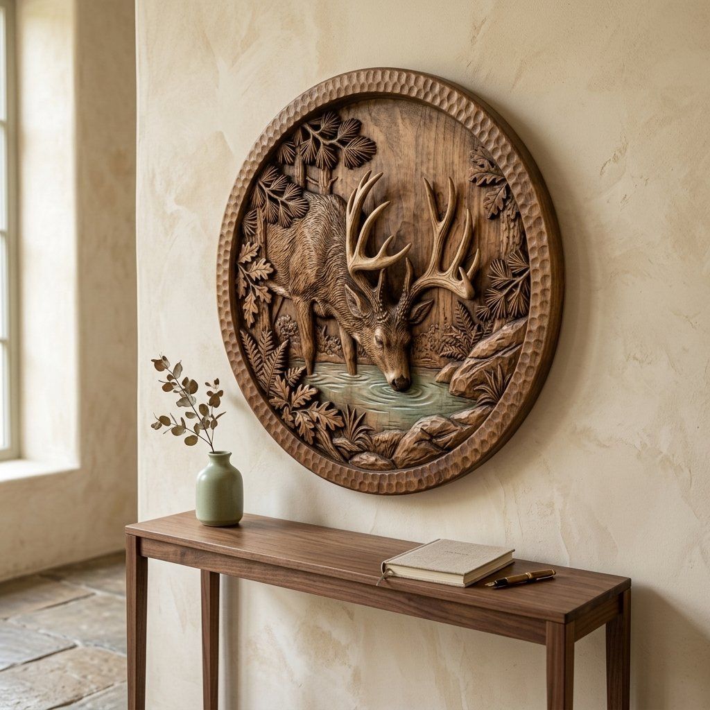 Majestic Buck Drinking Forest Water bas-relief STL — view 6