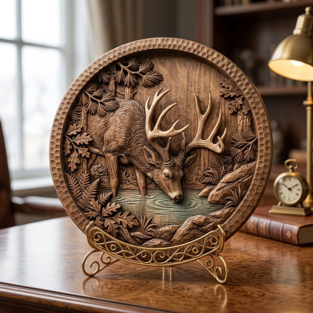 Majestic Buck Drinking Forest Water bas-relief STL — view 7