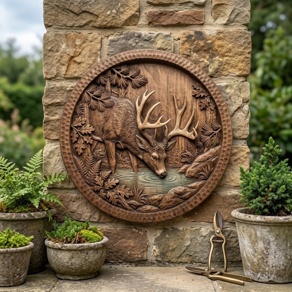 Majestic Buck Drinking Forest Water bas-relief STL — view 8
