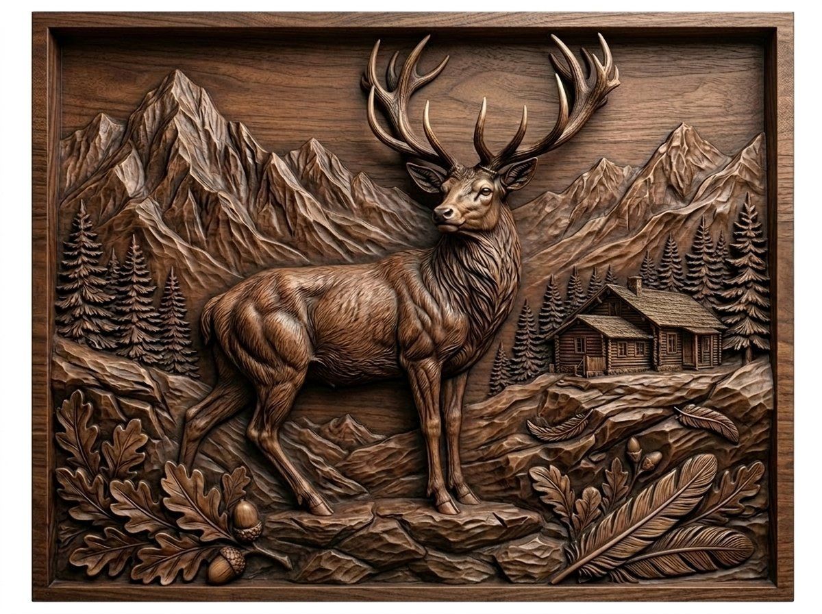 Majestic Buck Wilderness Mountain Scene CNC Relief STL | Wildlife Wood Carving Design | Rustic Lodge Decor Wall Art Panel — carved bas relief STL file for CNC