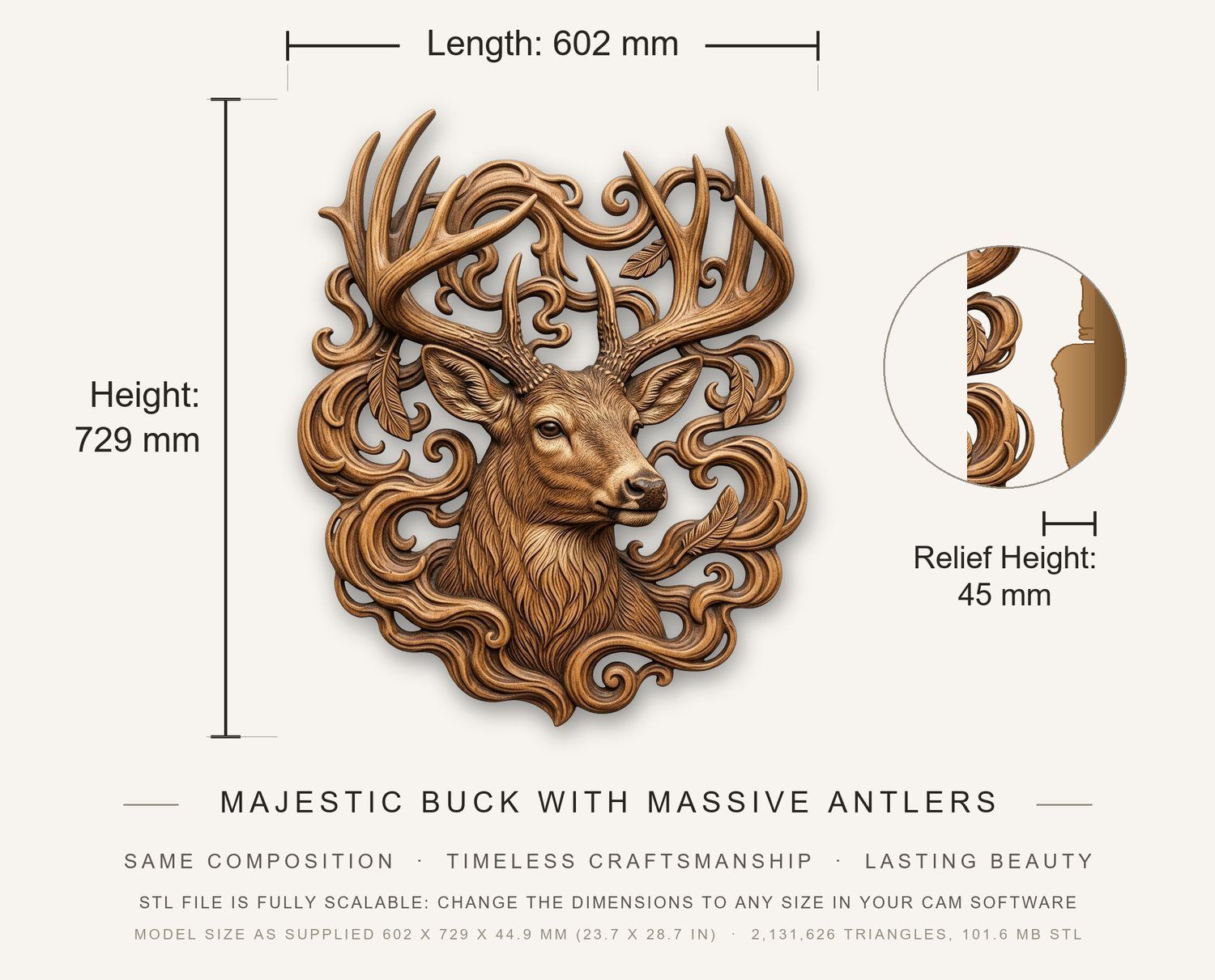 Majestic Buck with Massive Antlers CNC Relief STL bas-relief STL — view 3