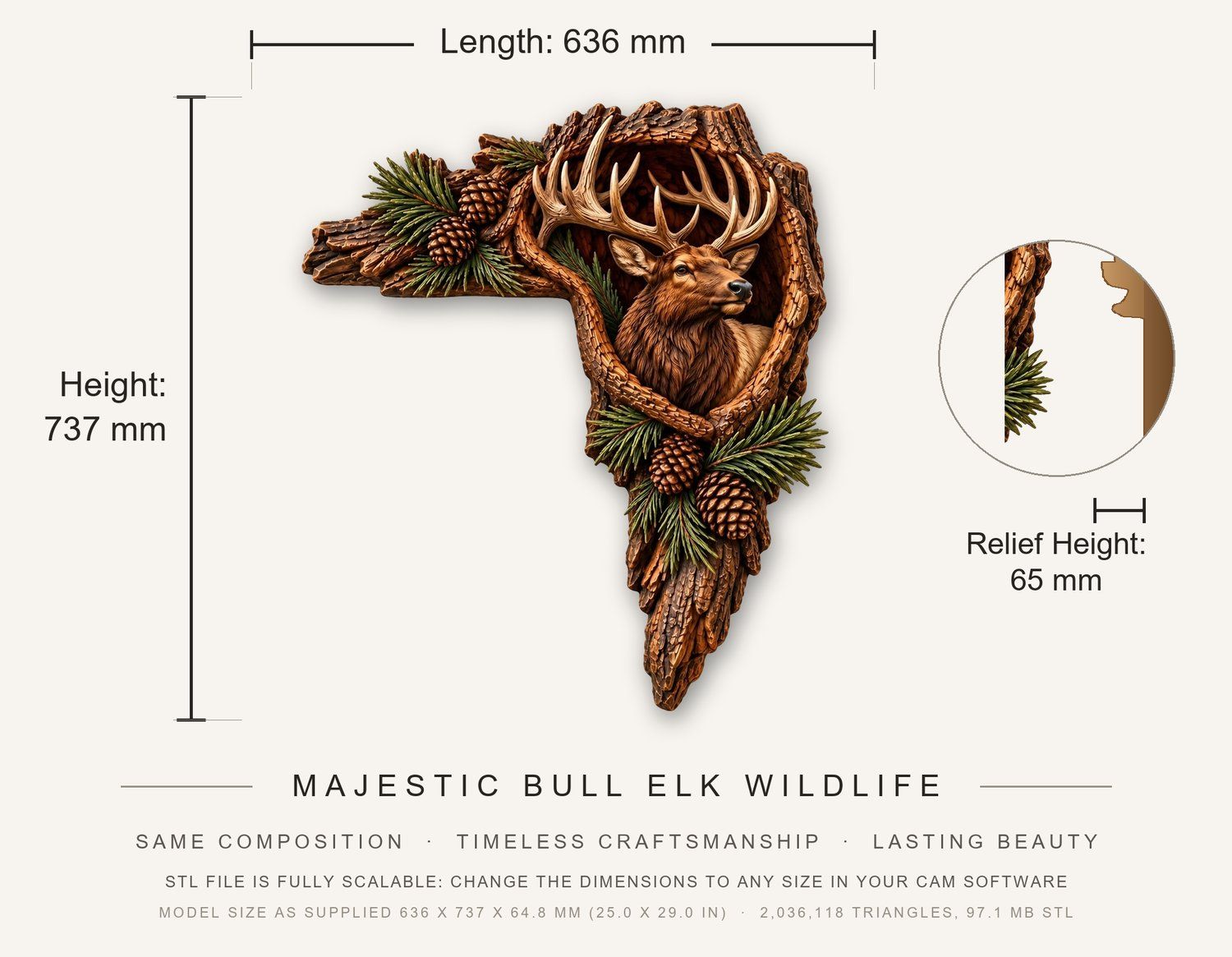 Majestic Bull Elk Wildlife CNC Relief STL bas-relief STL — view 12