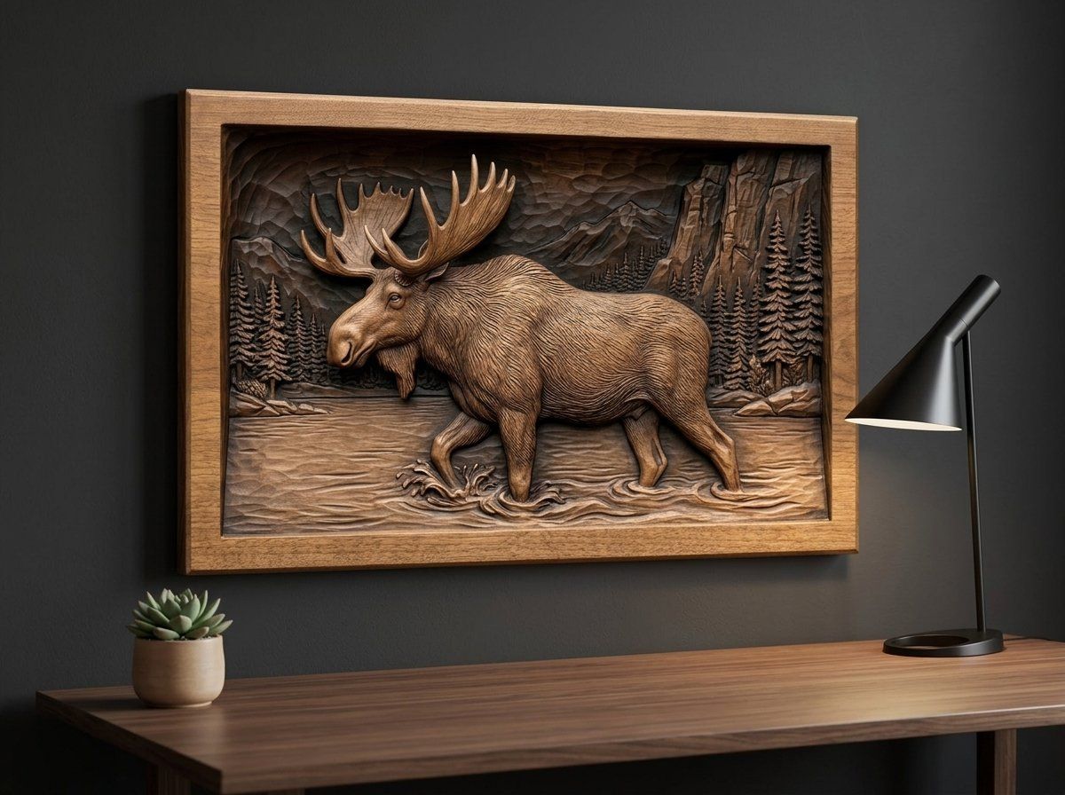 Majestic Bull Moose Wilderness Scene CNC Relief STL bas-relief STL — view 13