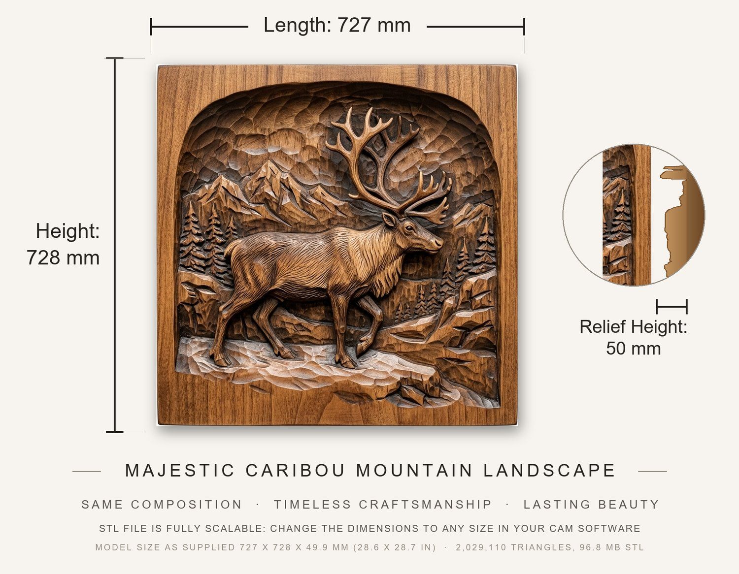 Majestic Caribou Mountain Landscape CNC Relief STL bas-relief STL — view 3