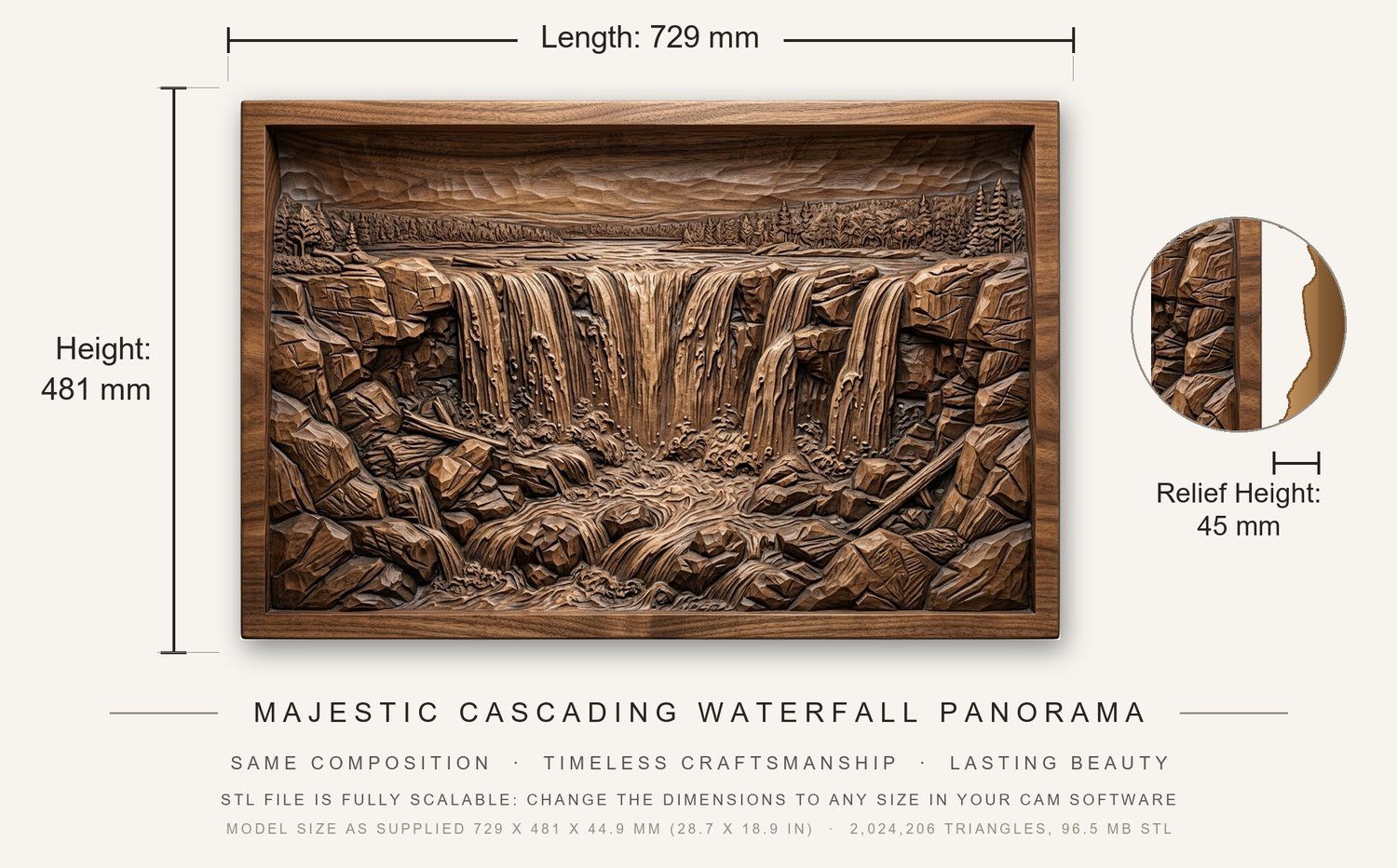 Majestic Cascading Waterfall Panorama CNC Relief STL bas-relief STL — view 3