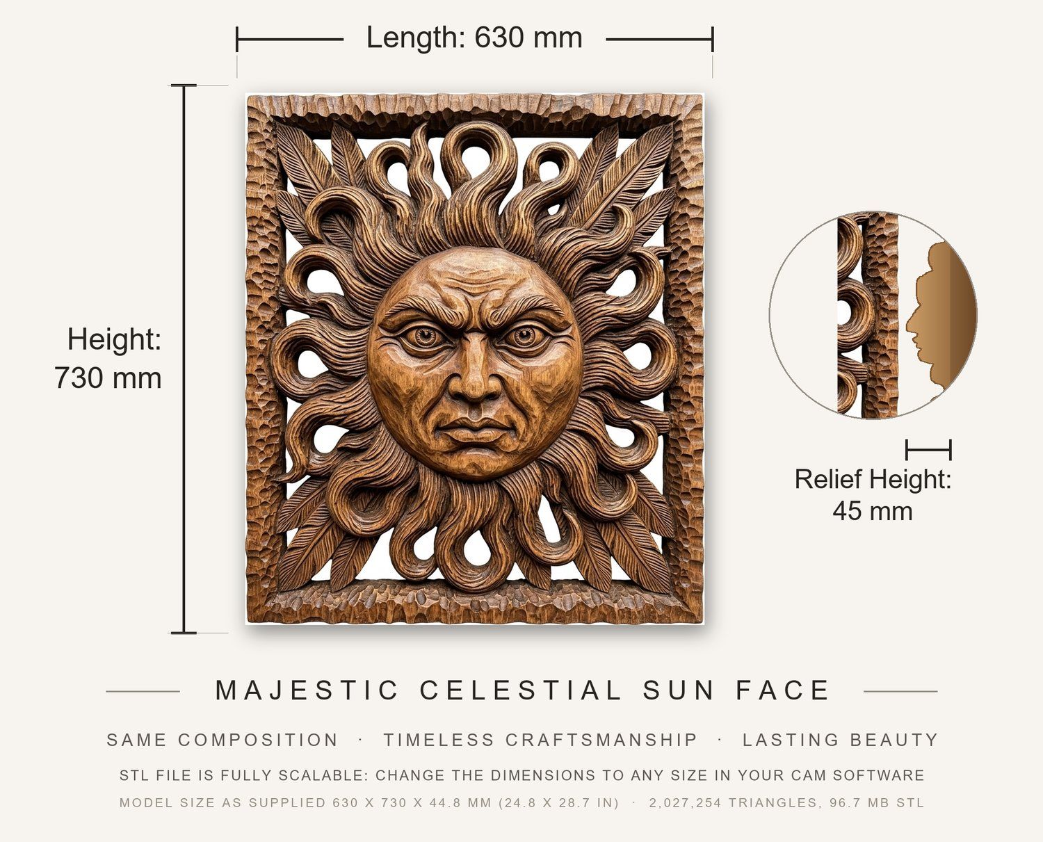 Majestic Celestial Sun Face CNC Relief STL bas-relief STL — view 3