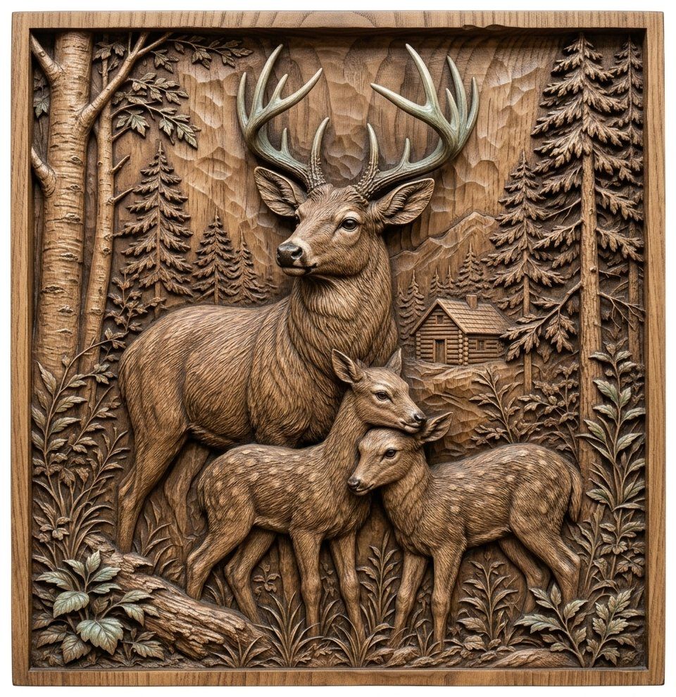 Majestic Deer Family Forest Cabin CNC Relief STL | Rustic Wildlife Wall Art Panel | Nature Scene Wood Carving Design — carved bas relief STL file for CNC