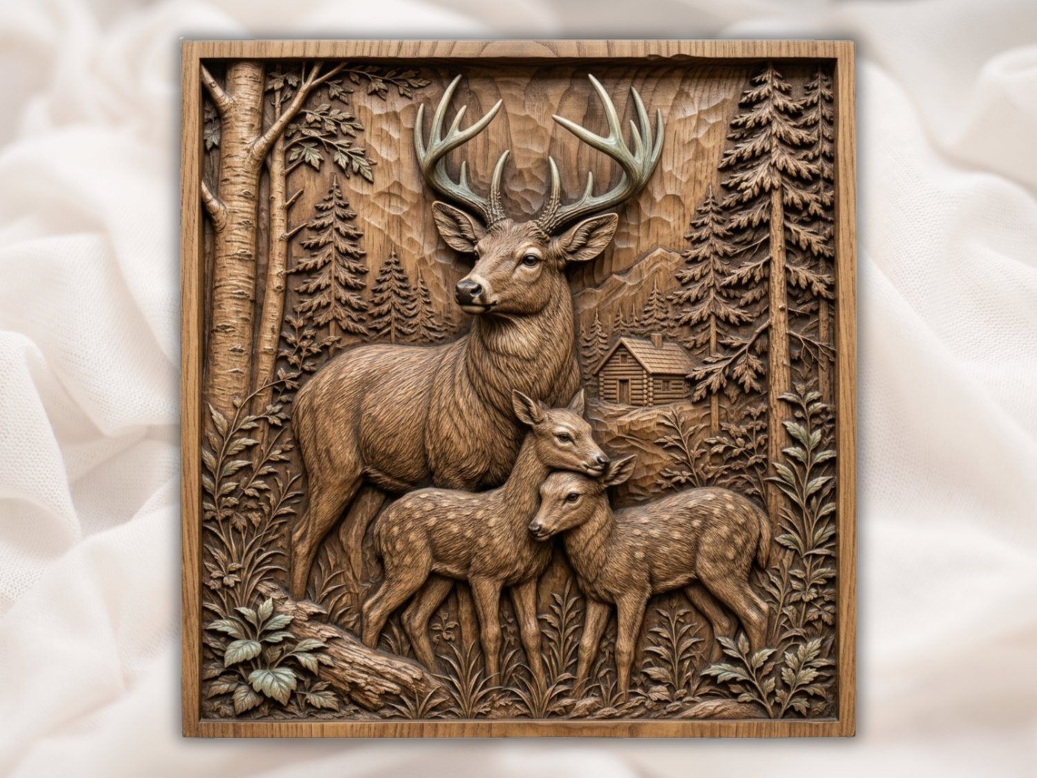 Majestic Deer Family Forest Cabin CNC Relief STL bas-relief STL — view 2
