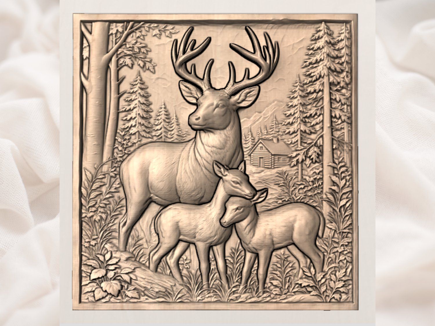 Majestic Deer Family Forest Cabin CNC Relief STL bas-relief STL — view 3