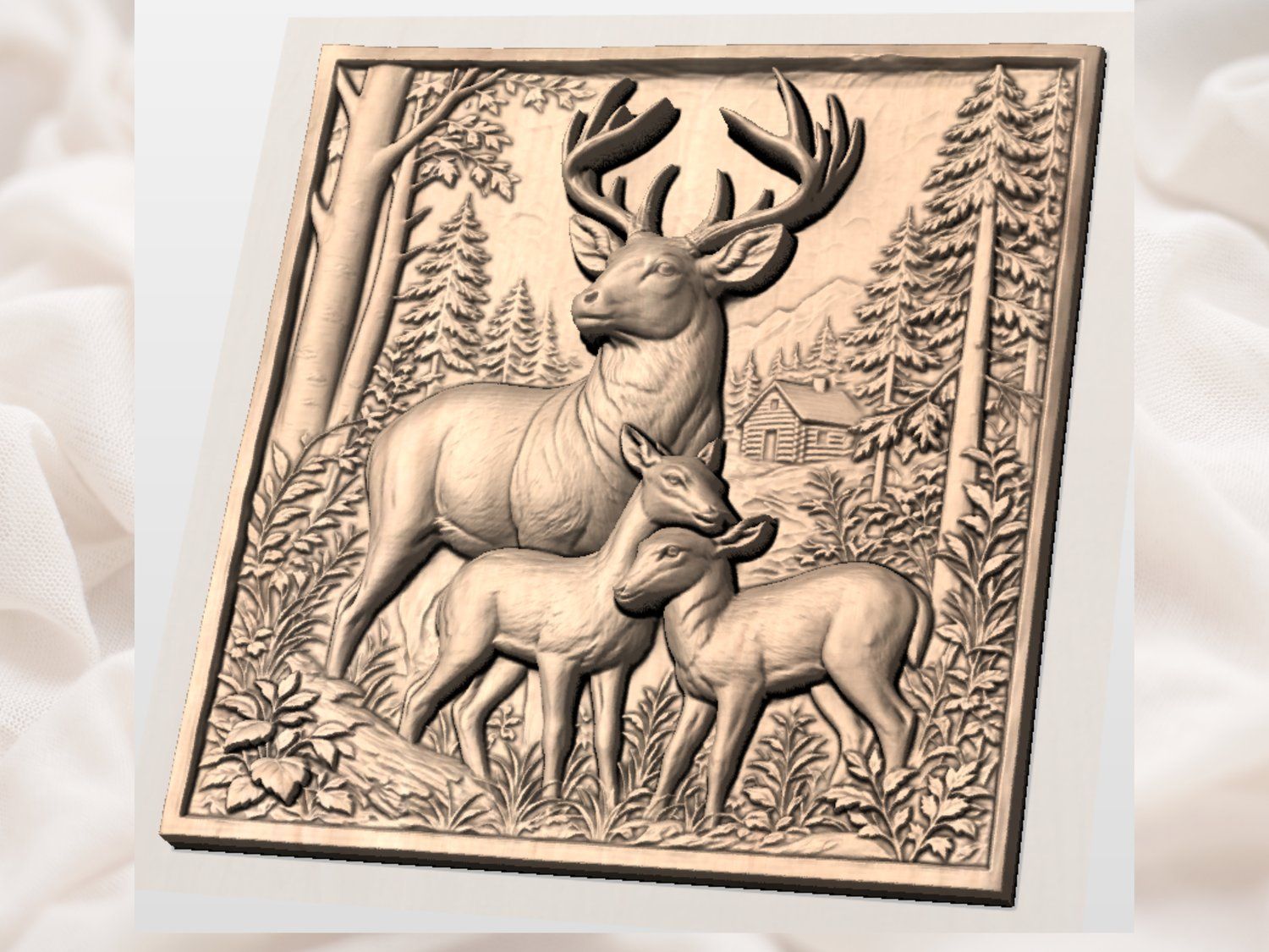Majestic Deer Family Forest Cabin CNC Relief STL bas-relief STL — view 4