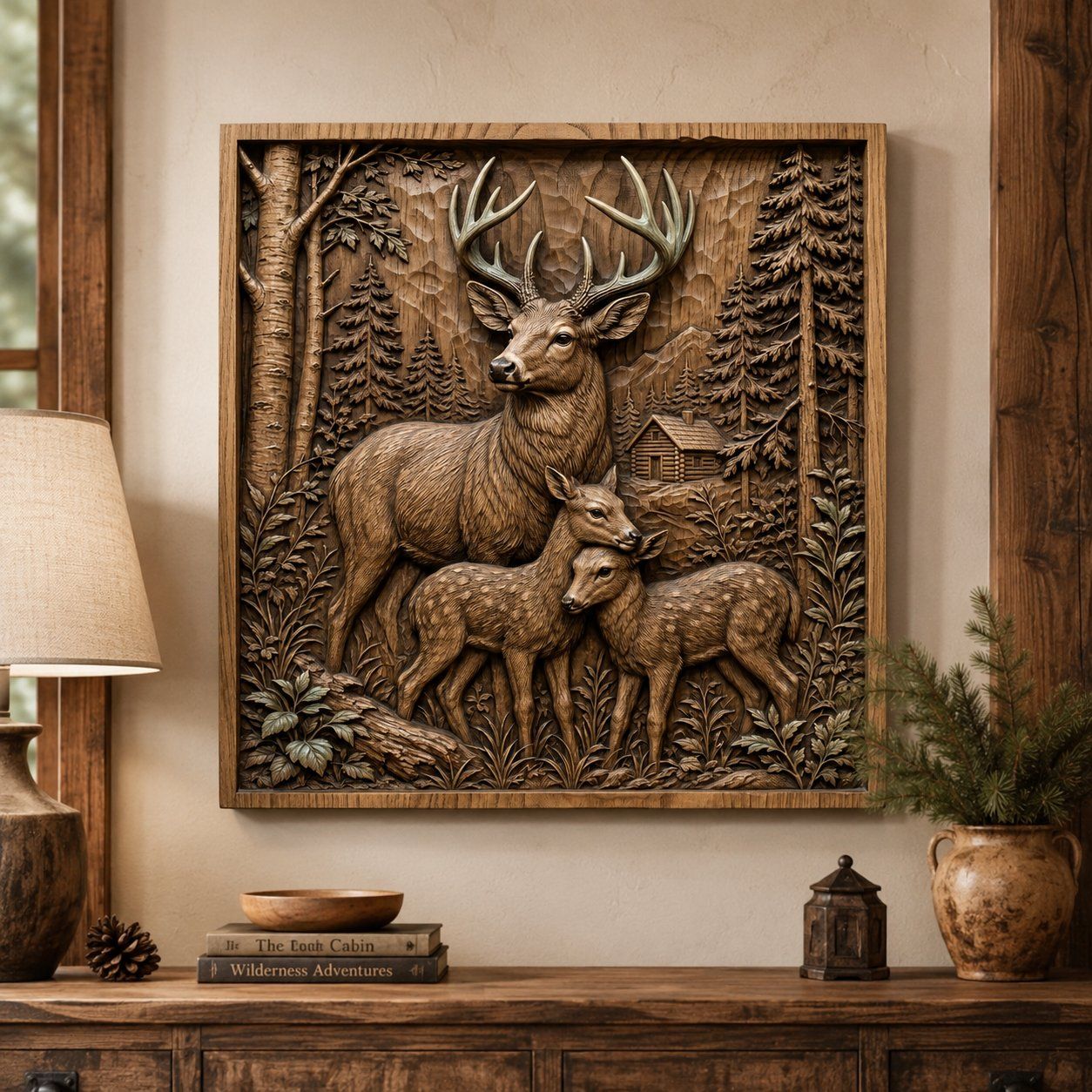 Majestic Deer Family Forest Cabin CNC Relief STL bas-relief STL — view 6