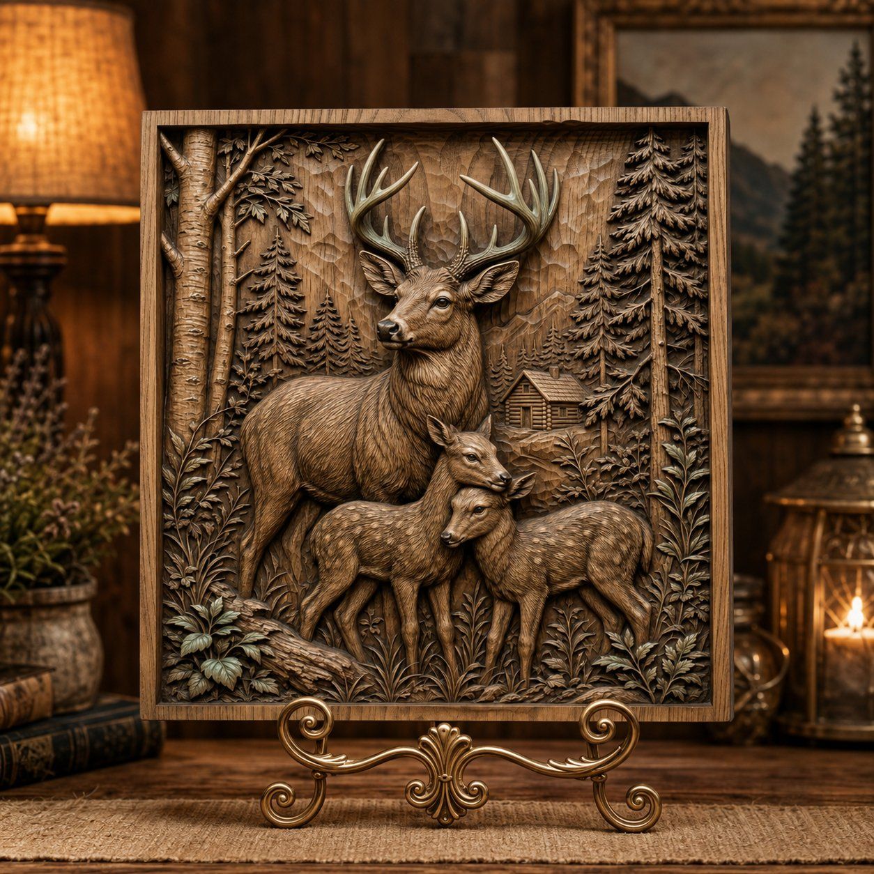 Majestic Deer Family Forest Cabin CNC Relief STL bas-relief STL — view 7