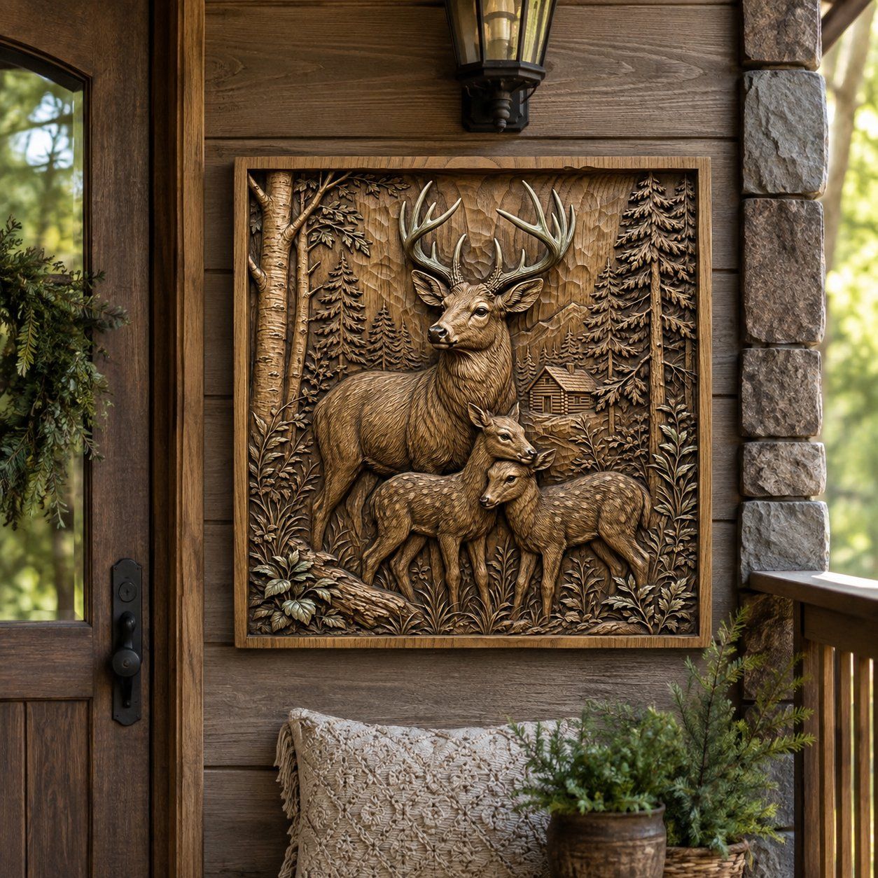 Majestic Deer Family Forest Cabin CNC Relief STL bas-relief STL — view 8