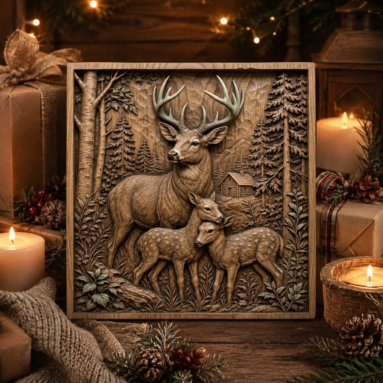 Majestic Deer Family Forest Cabin CNC Relief STL bas-relief STL — view 9