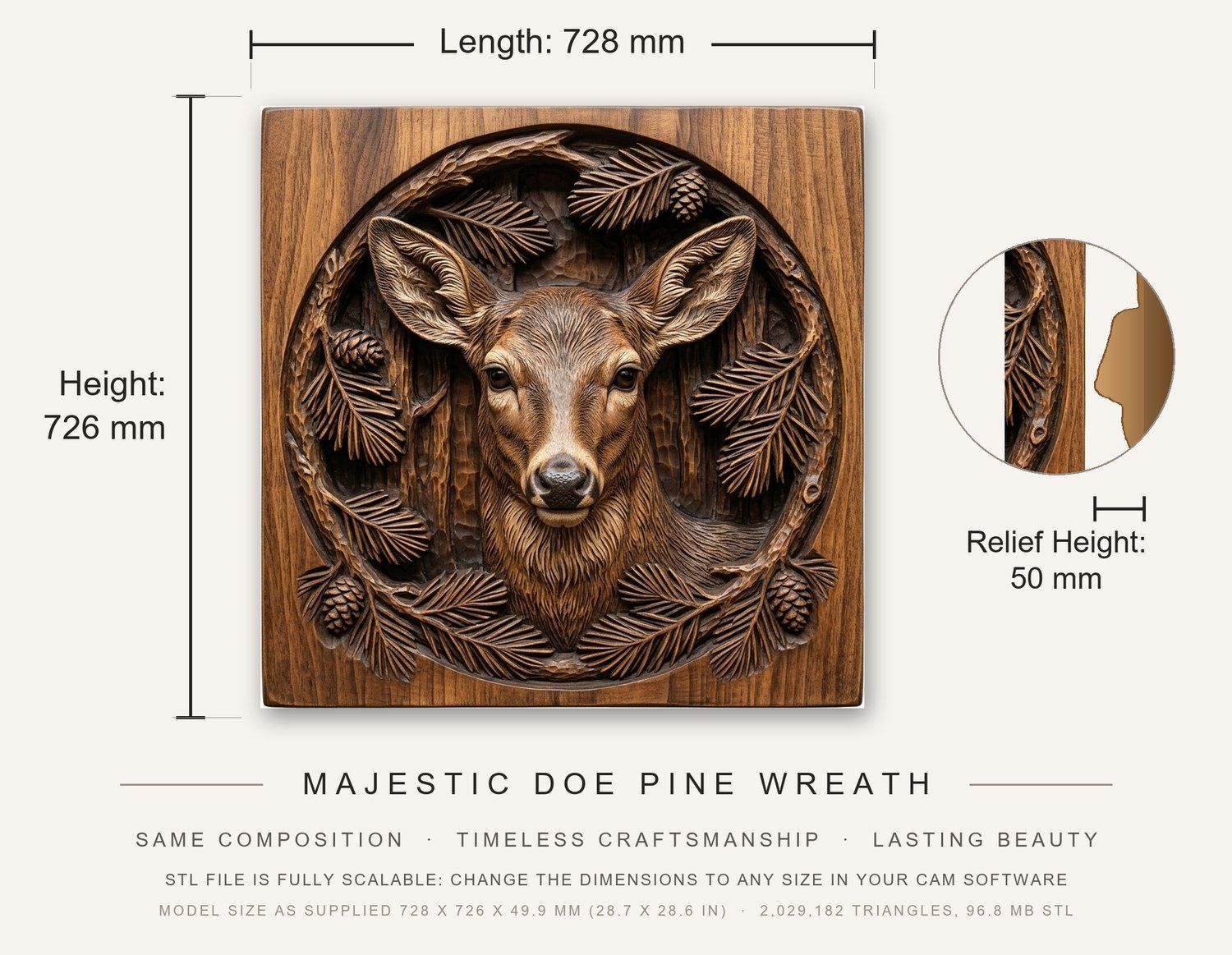 Majestic Doe Pine Wreath CNC Relief STL bas-relief STL — view 3