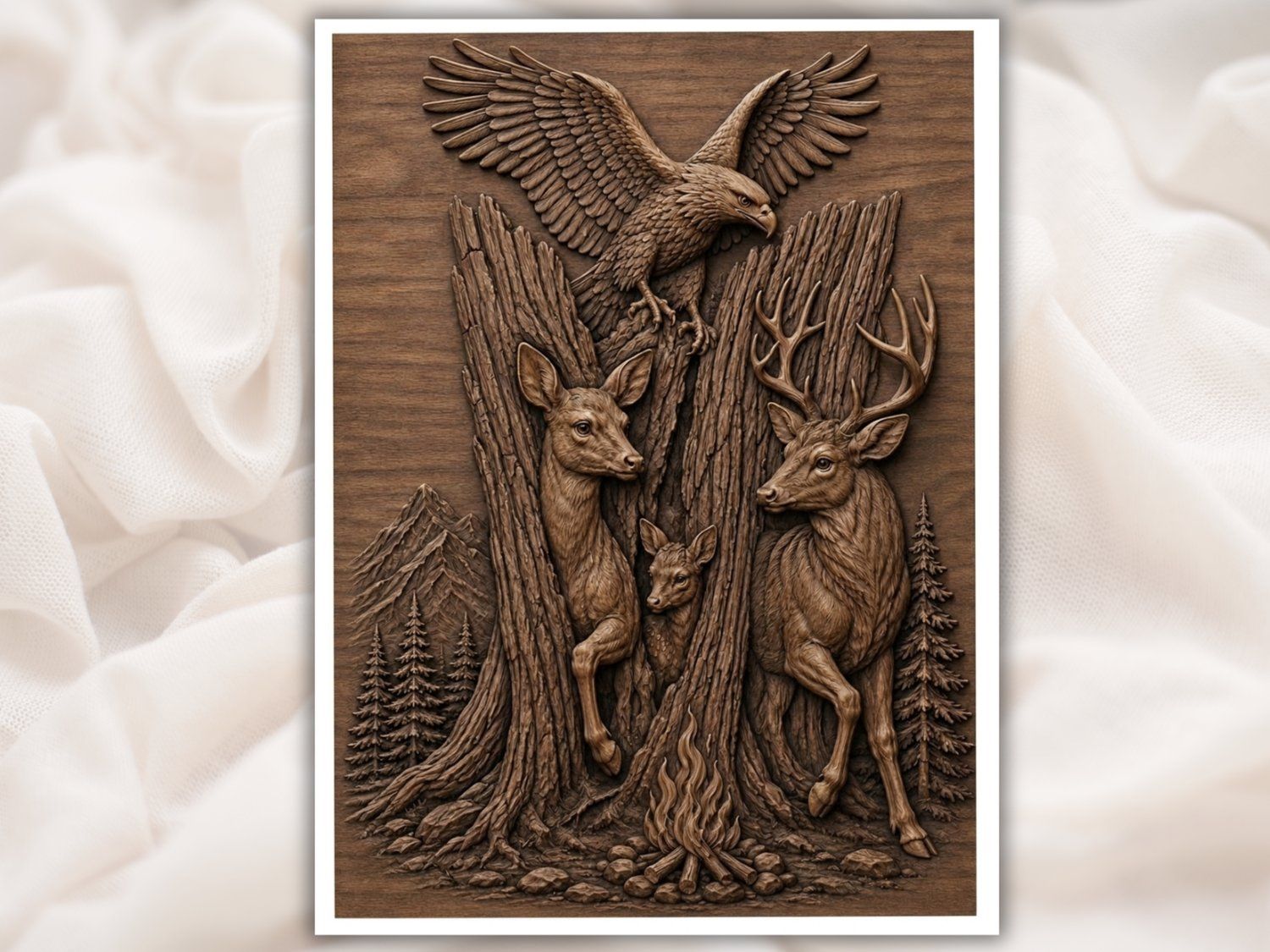 Majestic Eagle and Deer Forest Wilderness CNC Relief STL | Wildlife Nature Wall Art Design | Rustic Cabin Decor Panel — carved bas relief STL file for CNC