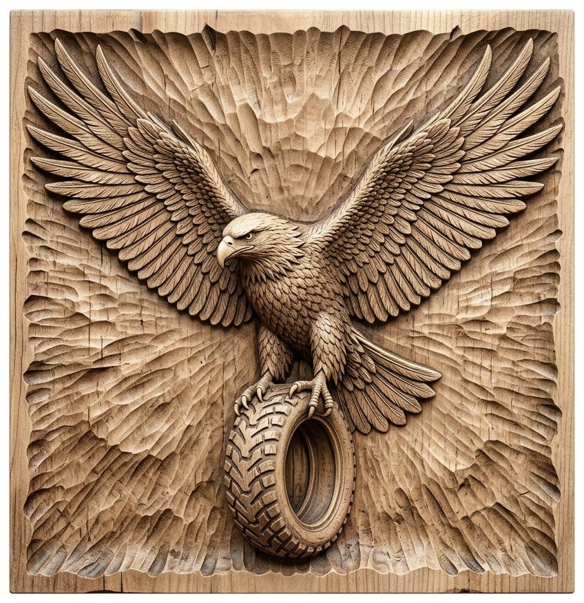 Majestic Eagle Tire Wall Art | Automotive Wood Carving Panel | Garage Decor CNC Project | Trucker Gift Relief — carved bas relief STL file for CNC