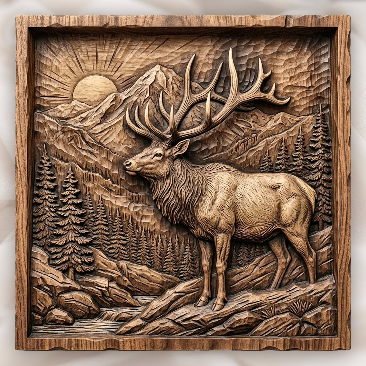 Majestic Elk Mountain Wildlife Scene CNC Relief STL bas-relief STL design