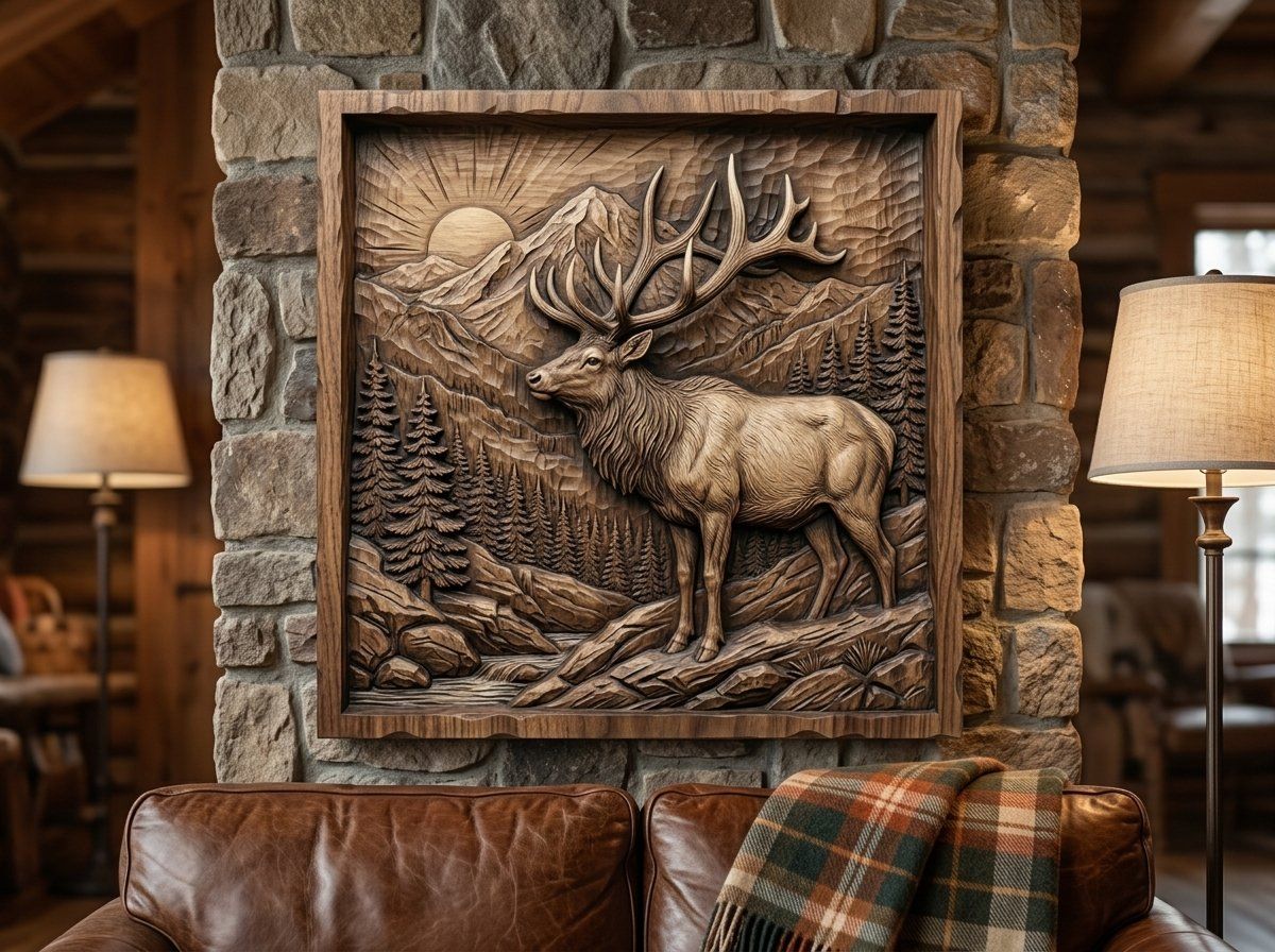 Majestic Elk Mountain Wildlife Scene CNC Relief STL bas-relief STL — view 12