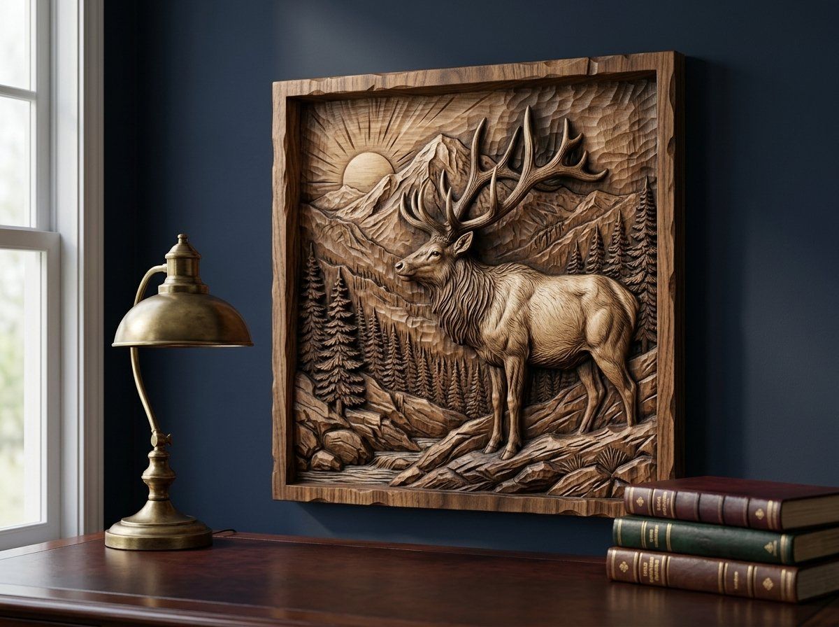 Majestic Elk Mountain Wildlife Scene CNC Relief STL bas-relief STL — view 13