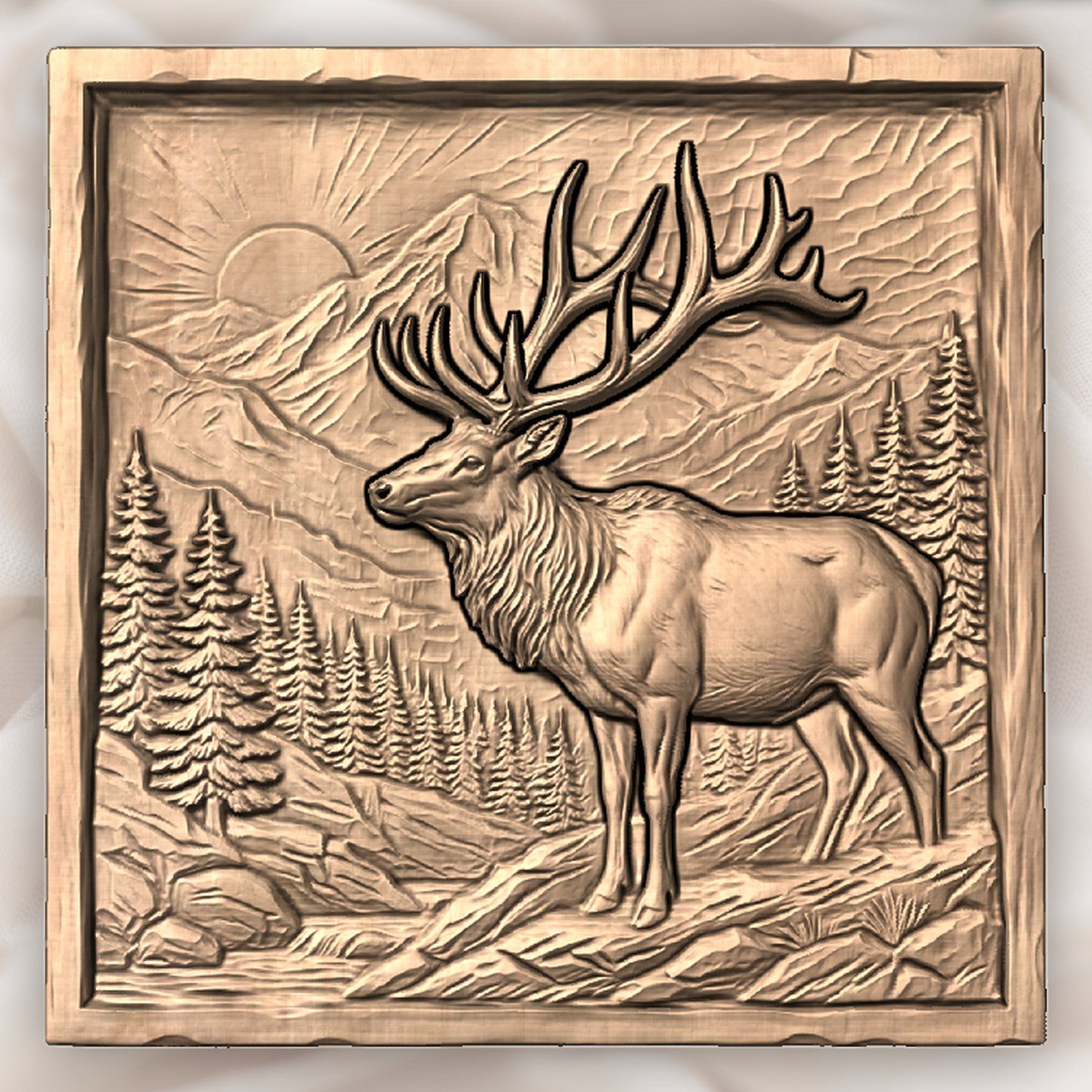 Majestic Elk Mountain Wildlife Scene CNC Relief STL bas-relief STL — view 4