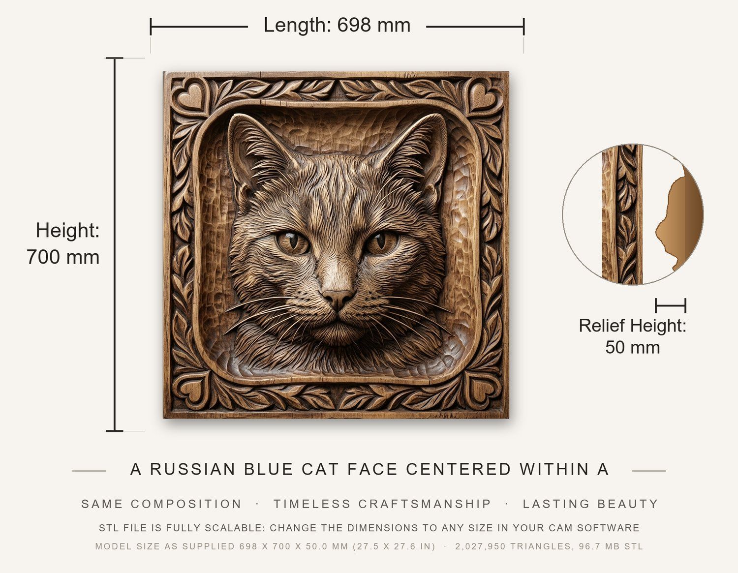 Majestic Feline Portrait CNC Relief STL bas-relief STL — view 3