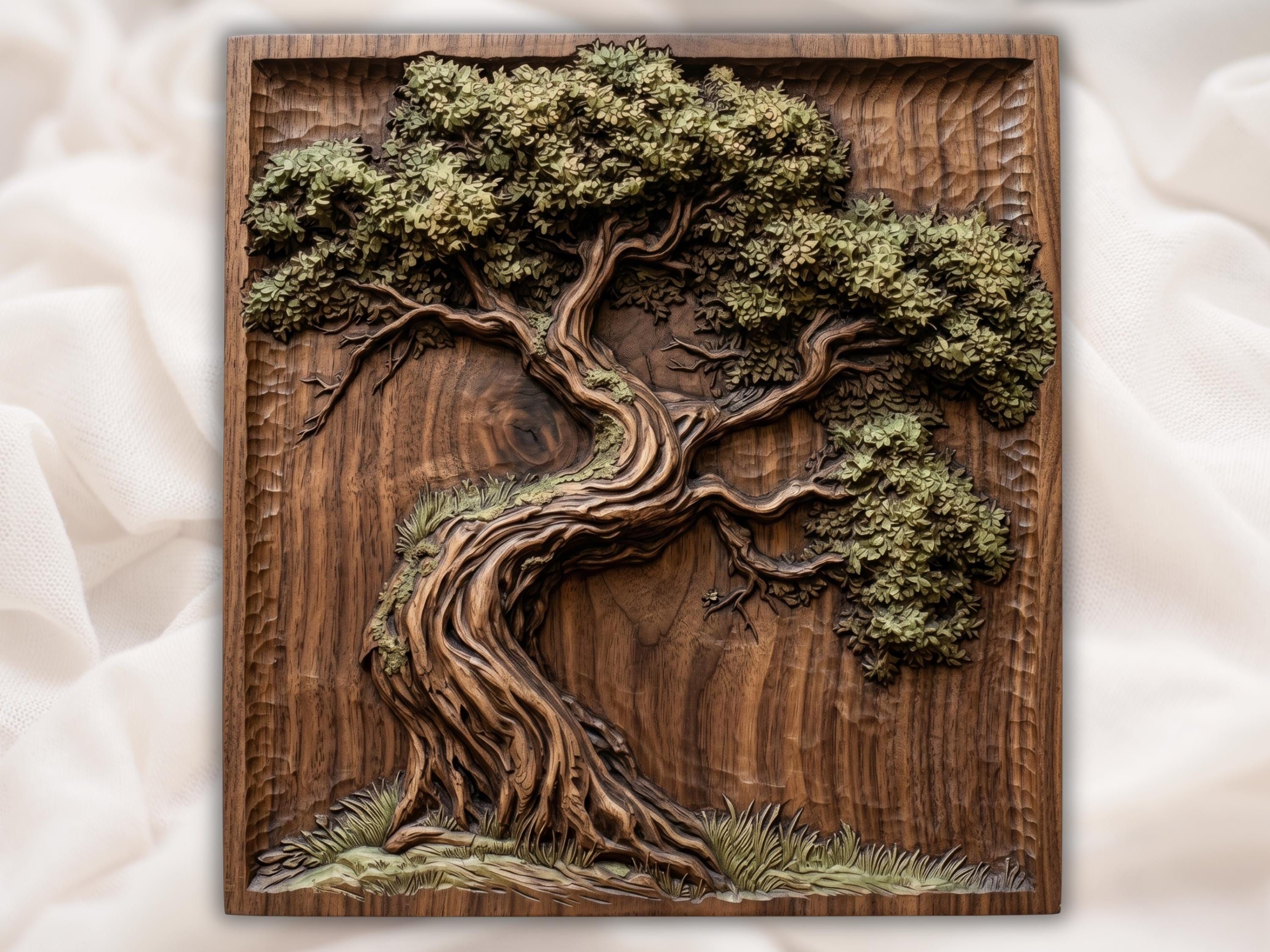 Bas-relief carving of a gnarled twisting oak tree with leafy canopy, exposed roots and grass on a wood panel