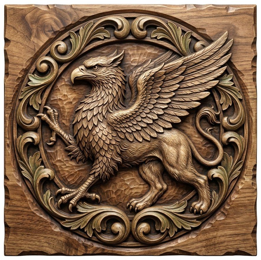Majestic Heraldic Griffin Medallion CNC Relief STL | Mythical Creature Wall Art | Griffin Wood Carving Design | Ornamental Relief Panel — carved bas relief STL file for CNC