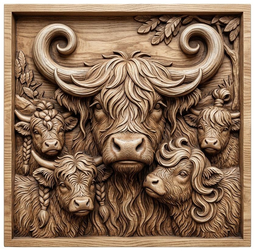 Majestic Highland Cow Family CNC Relief STL | Rustic Cattle Farmhouse Wall Art | Scotland Wildlife Panel Aspire VCarve — carved bas relief STL file for CNC