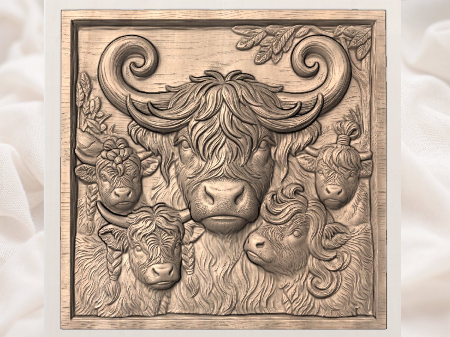 Majestic Highland Cow Family CNC Relief STL bas-relief STL — view 3