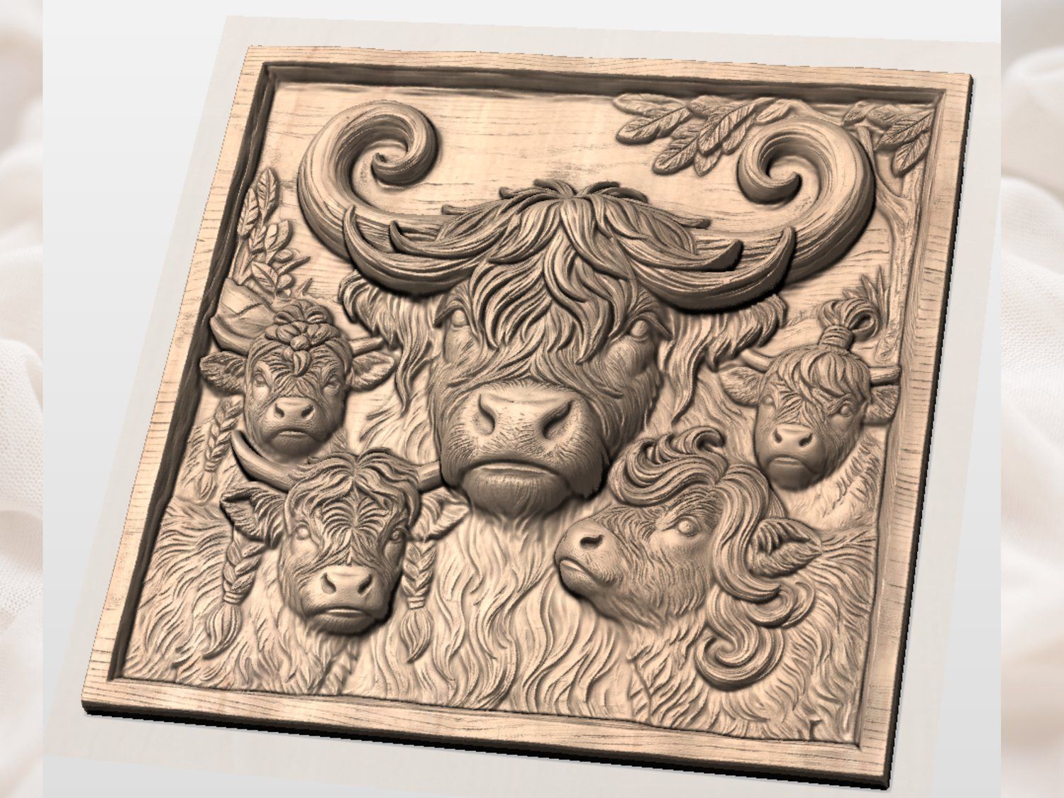 Majestic Highland Cow Family CNC Relief STL bas-relief STL — view 4