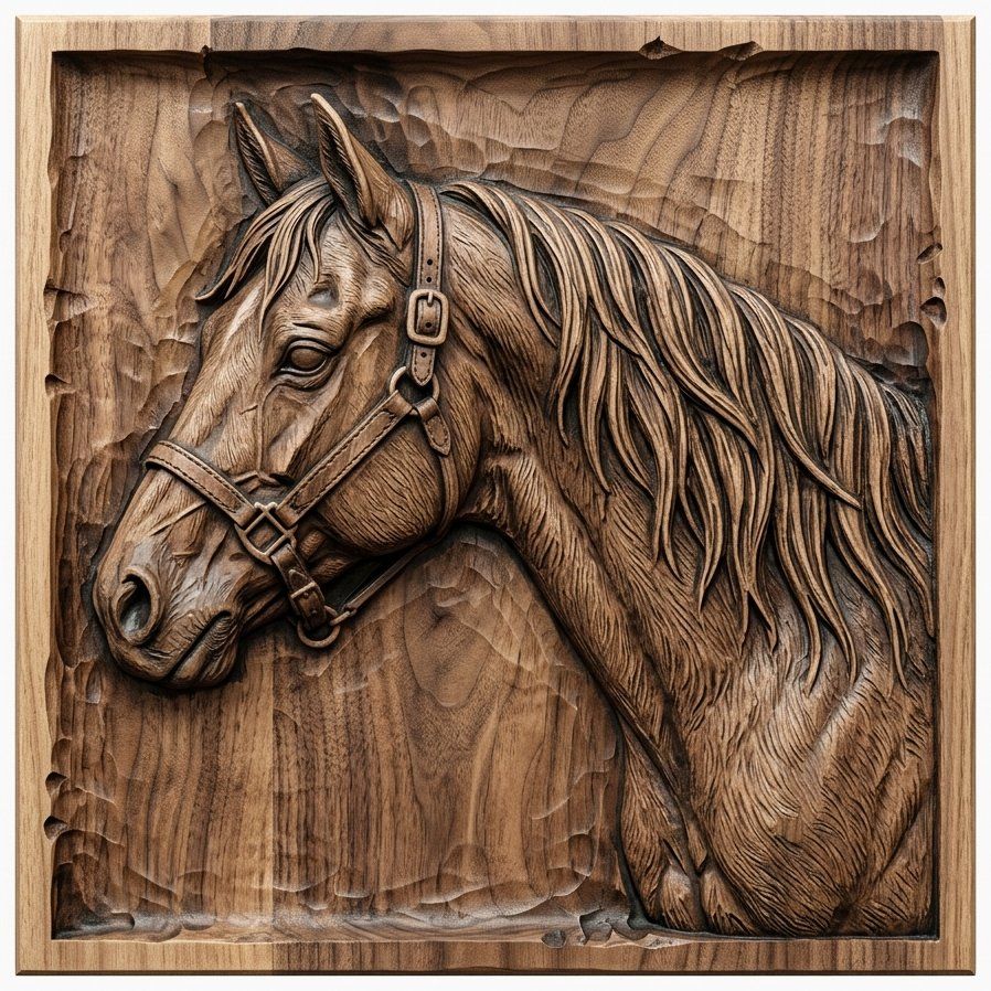 Majestic Horse Head Wood Carving Panel | Equestrian Wall Art Decor | Rustic Farmhouse Western Sign Design | CNC Woodworking Project — carved bas relief STL file for CNC