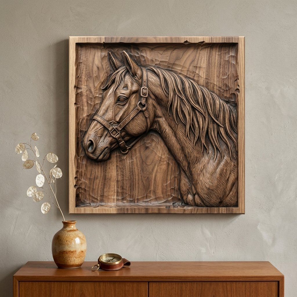 Majestic Horse Head Wood Carving Panel bas-relief STL — view 5