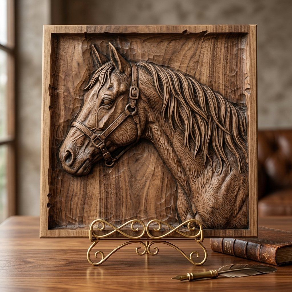 Majestic Horse Head Wood Carving Panel bas-relief STL — view 6