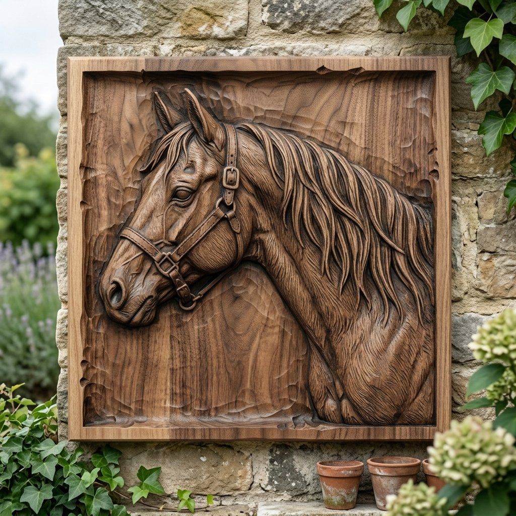 Majestic Horse Head Wood Carving Panel bas-relief STL — view 7