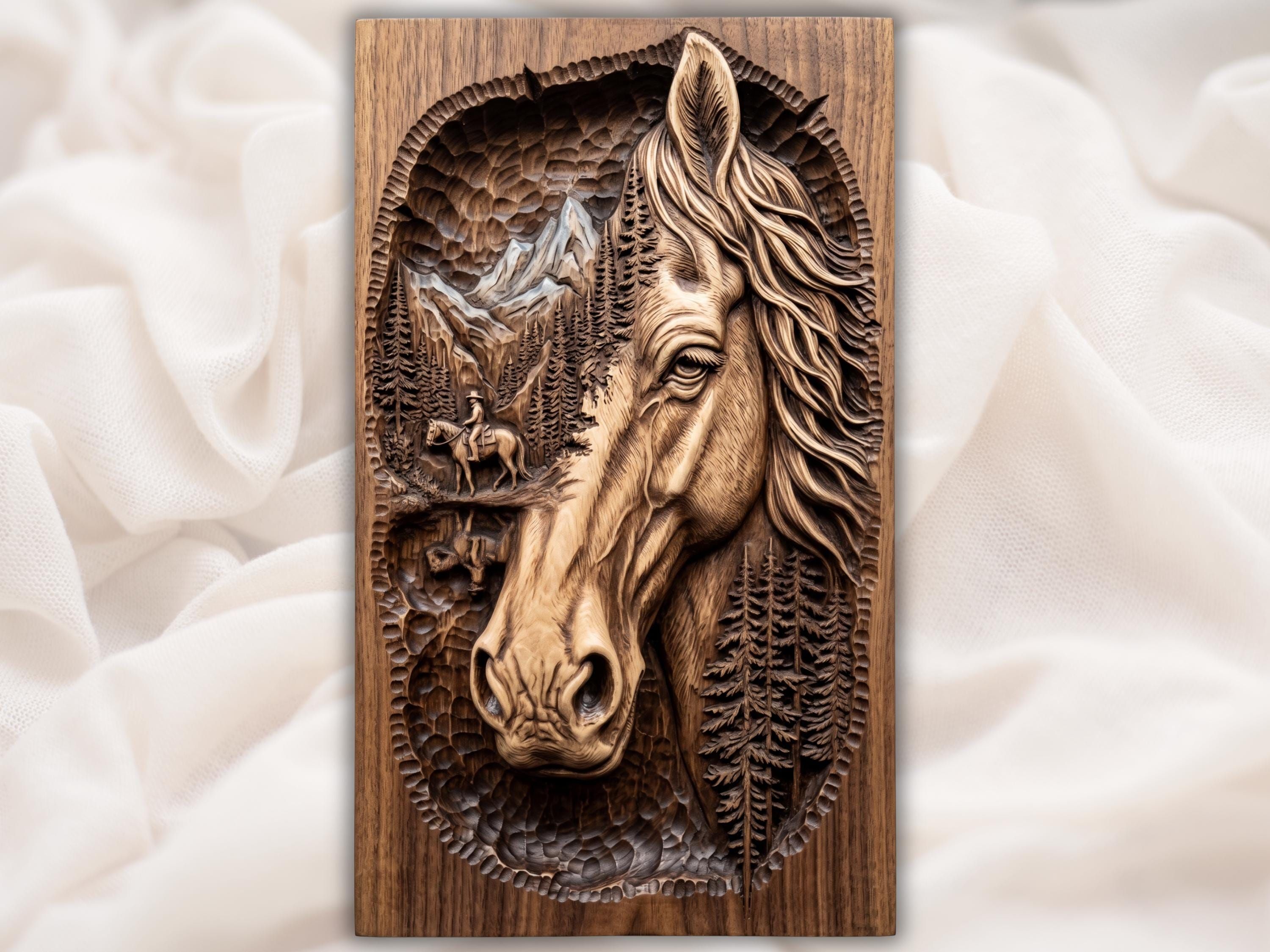 Bas-relief wood carving of a horse head with pine forest, mountains, and a small trail rider in the background.