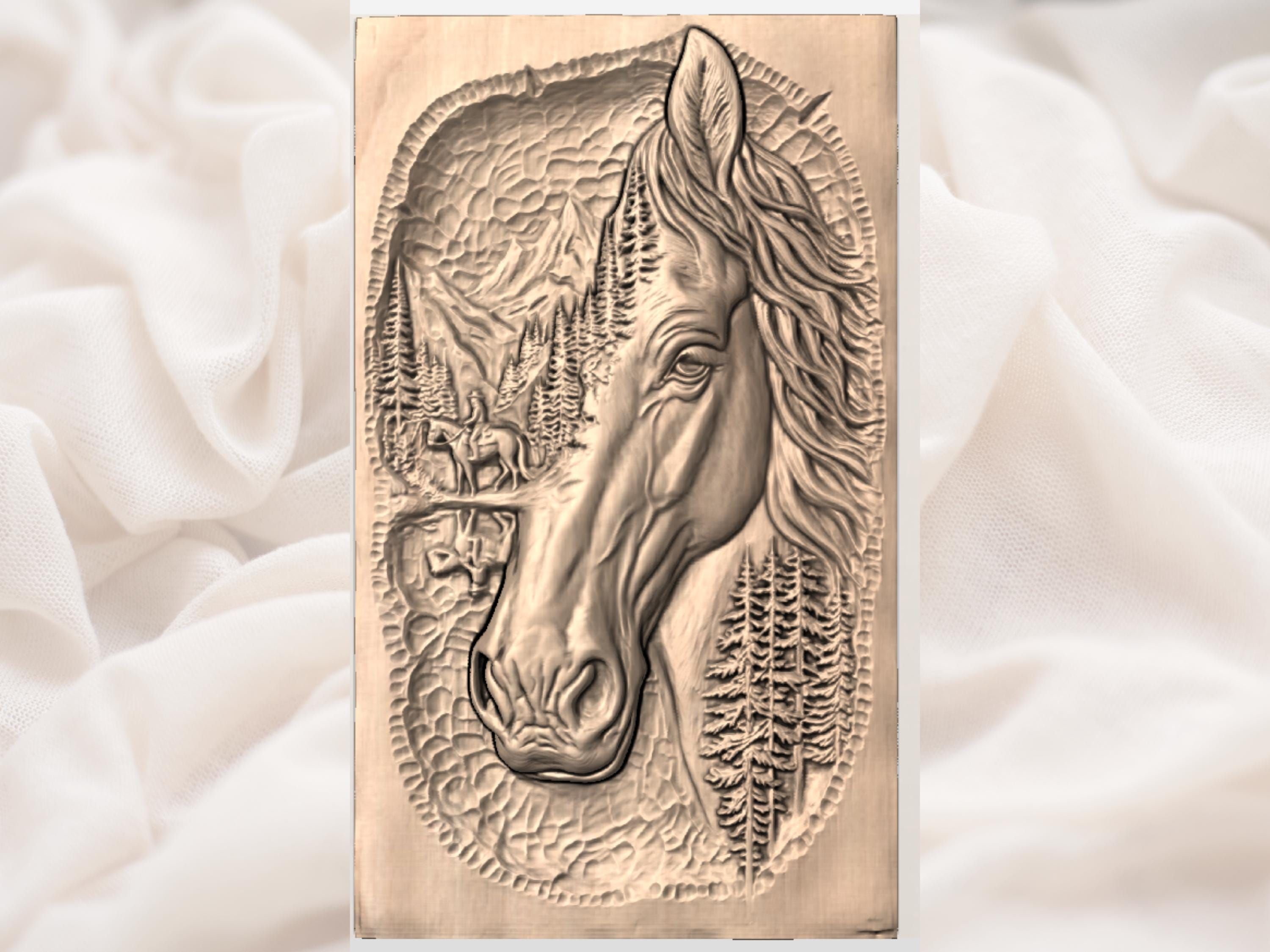 Mountain Horse Portrait with Trail Rider Bas-Relief STL bas-relief STL — view 2
