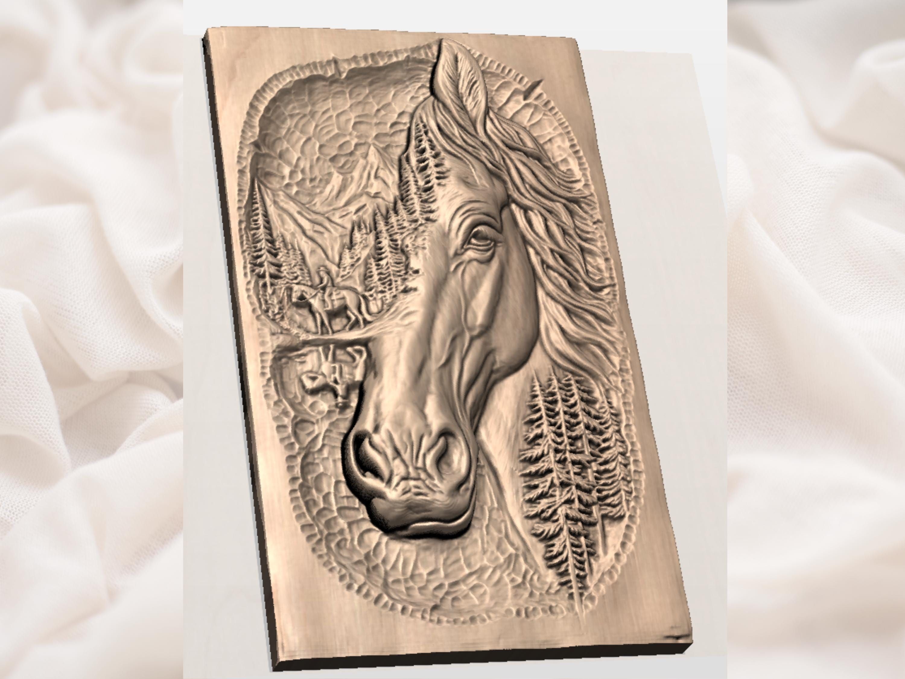 Mountain Horse Portrait with Trail Rider Bas-Relief STL bas-relief STL — view 3