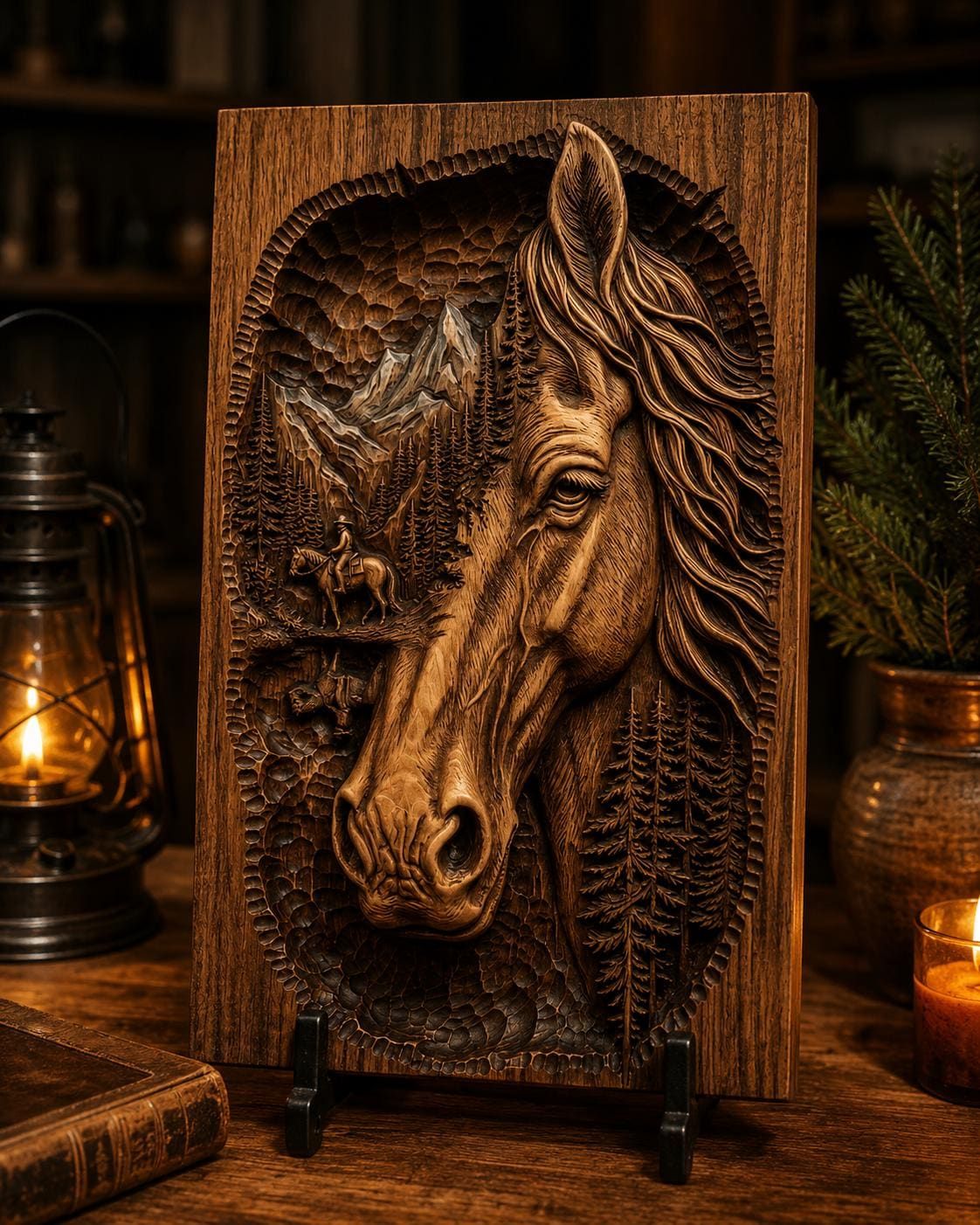Mountain Horse Portrait with Trail Rider Bas-Relief STL bas-relief STL — view 4