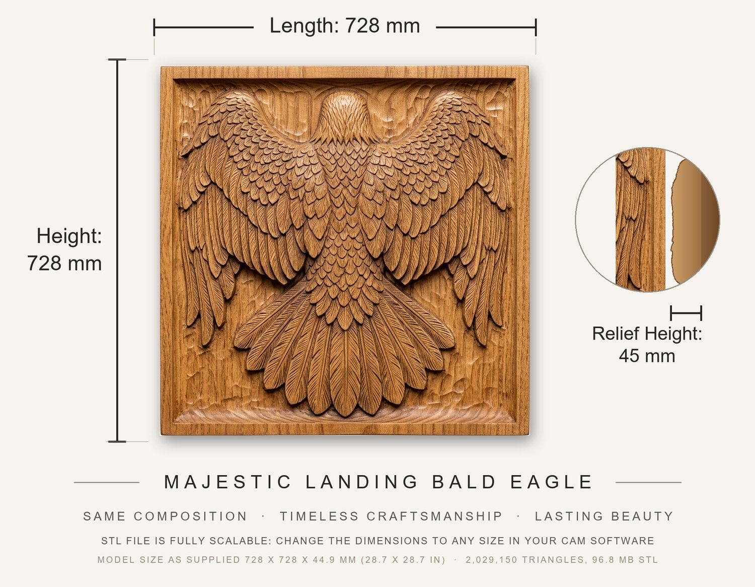 Majestic Landing Bald Eagle CNC Relief STL bas-relief STL — view 3
