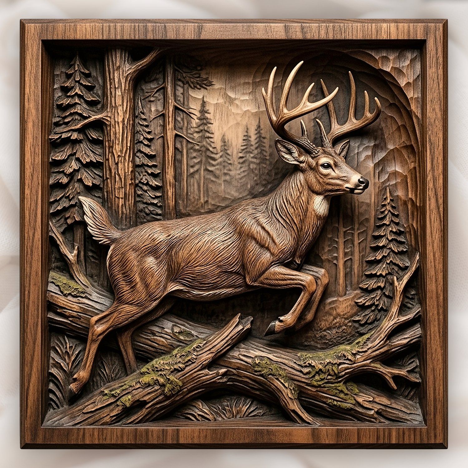 Majestic Leaping Buck Forest Scene CNC Relief STL bas-relief STL design
