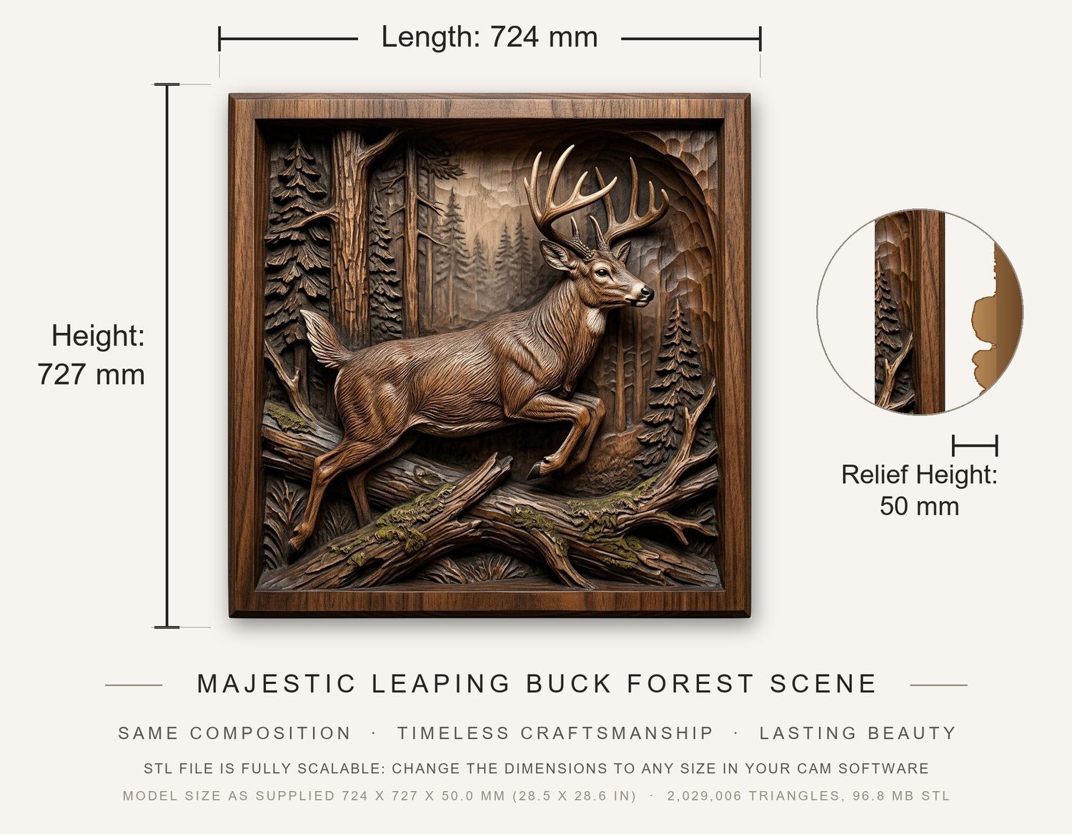 Majestic Leaping Buck Forest Scene CNC Relief STL bas-relief STL — view 3