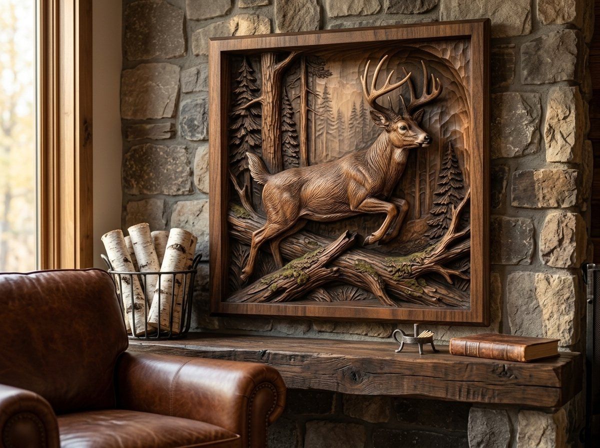 Majestic Leaping Buck Forest Scene CNC Relief STL bas-relief STL — view 13
