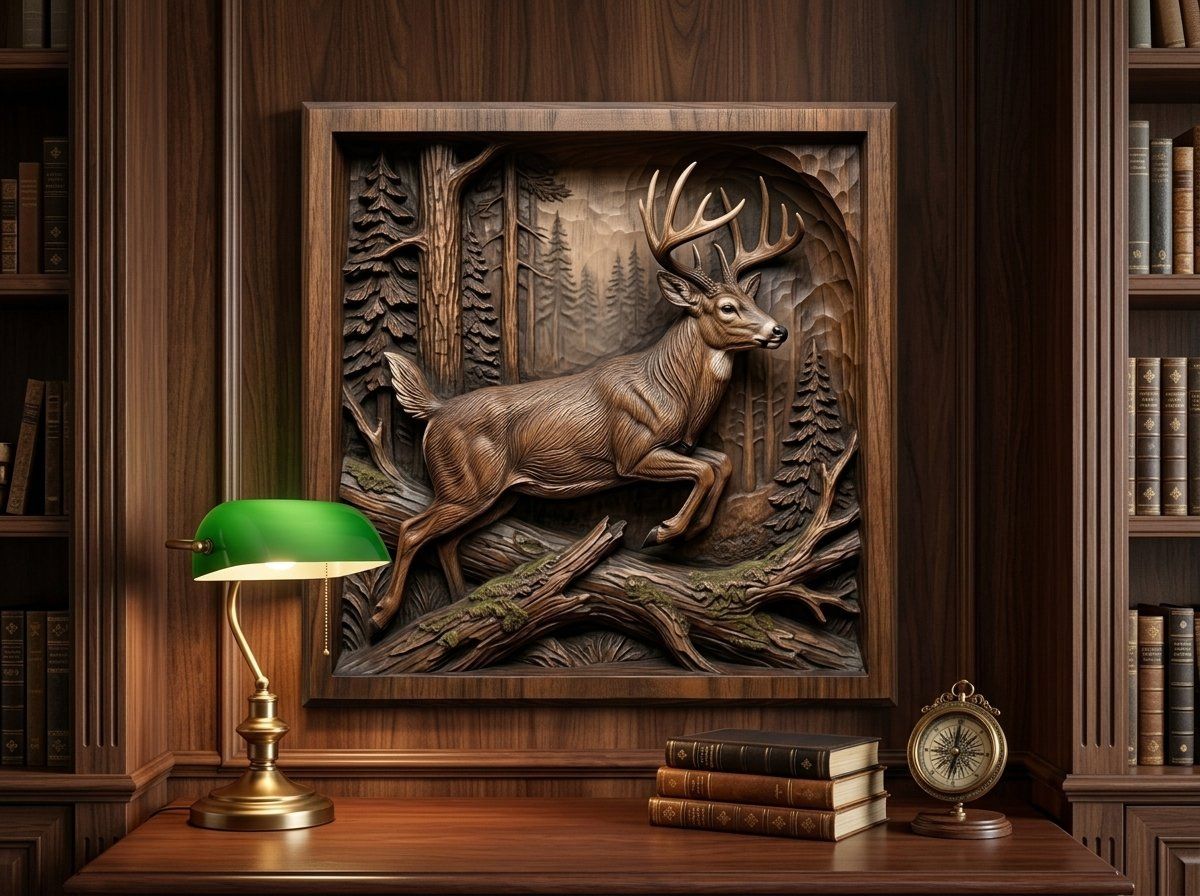 Majestic Leaping Buck Forest Scene CNC Relief STL bas-relief STL — view 14