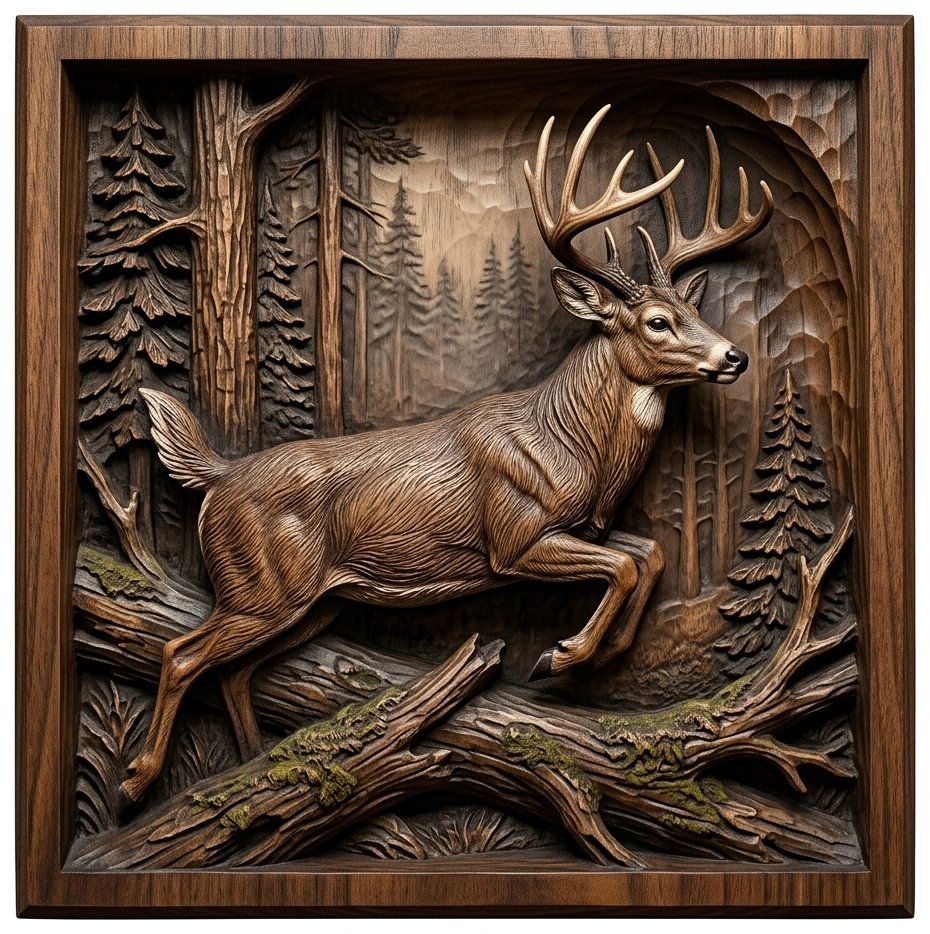 Majestic Leaping Buck Forest Scene CNC Relief STL bas-relief STL — view 4