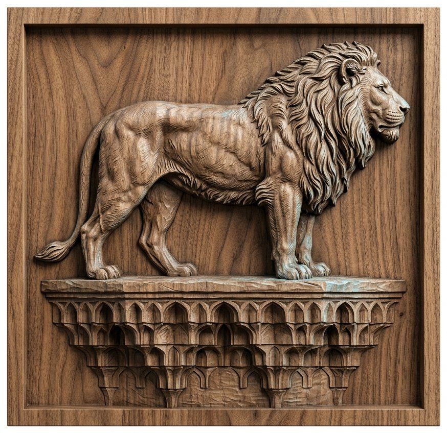 Majestic Lion Guardian Architectural Pedestal CNC Relief STL | Wildlife Wood Carving Model | Regal Lion Wall Art Panel — carved bas relief STL file for CNC