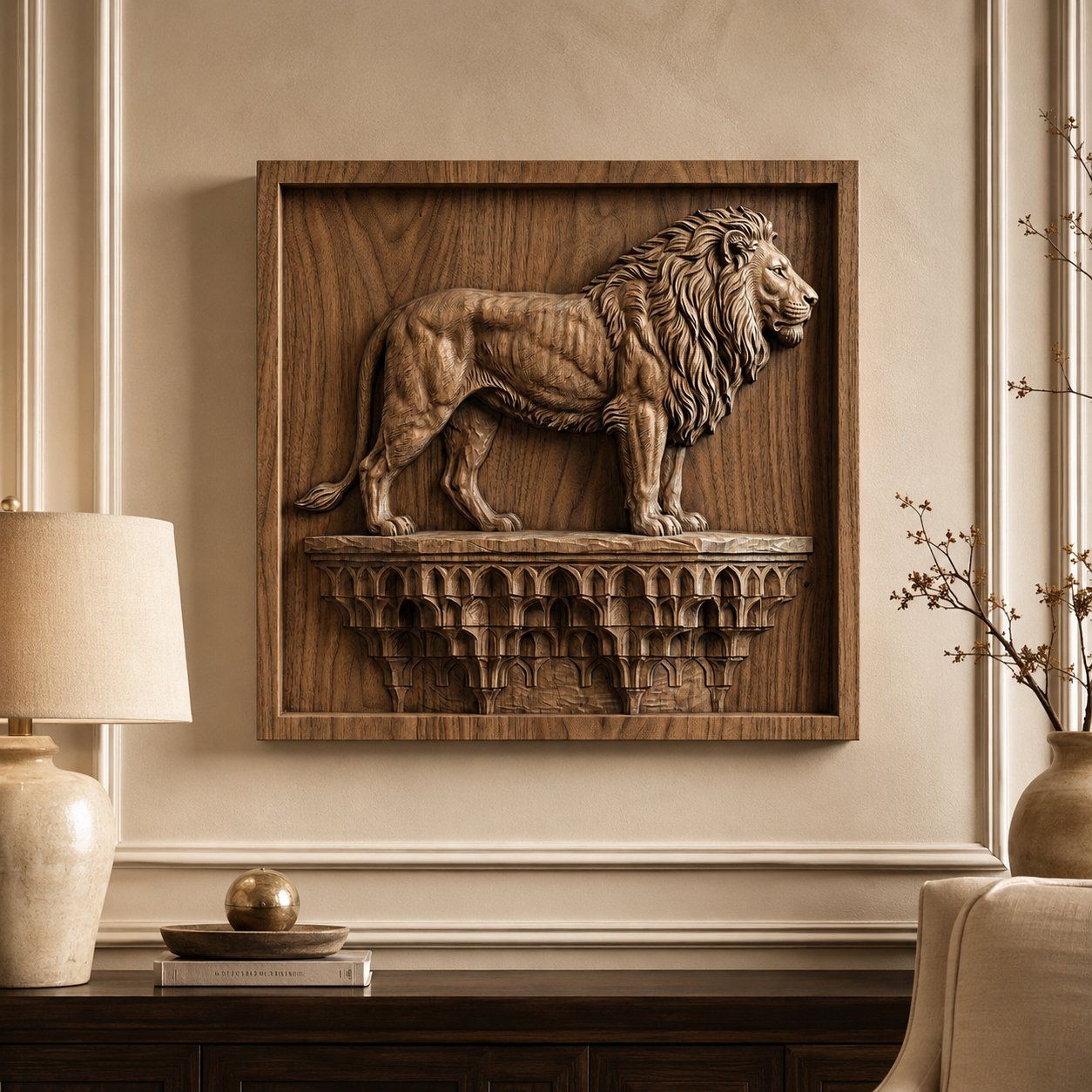 Majestic Lion Guardian Architectural Pedestal CNC Relief STL bas-relief STL — view 6