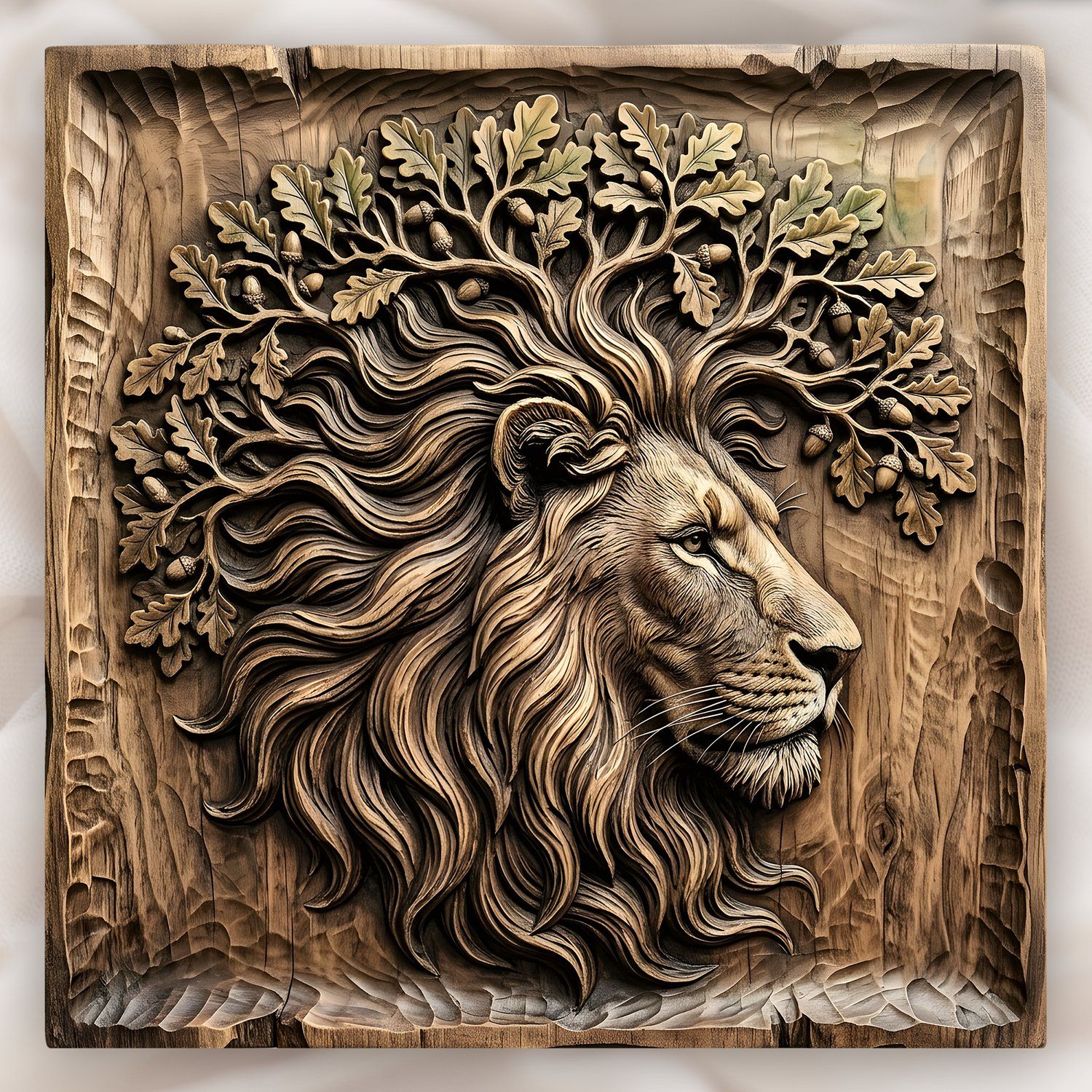 Majestic Lion King Oak Tree Spirit CNC Relief STL | Wildlife Wood Carving Design | Nature Wall Art Panel Decor — carved bas relief STL file for CNC