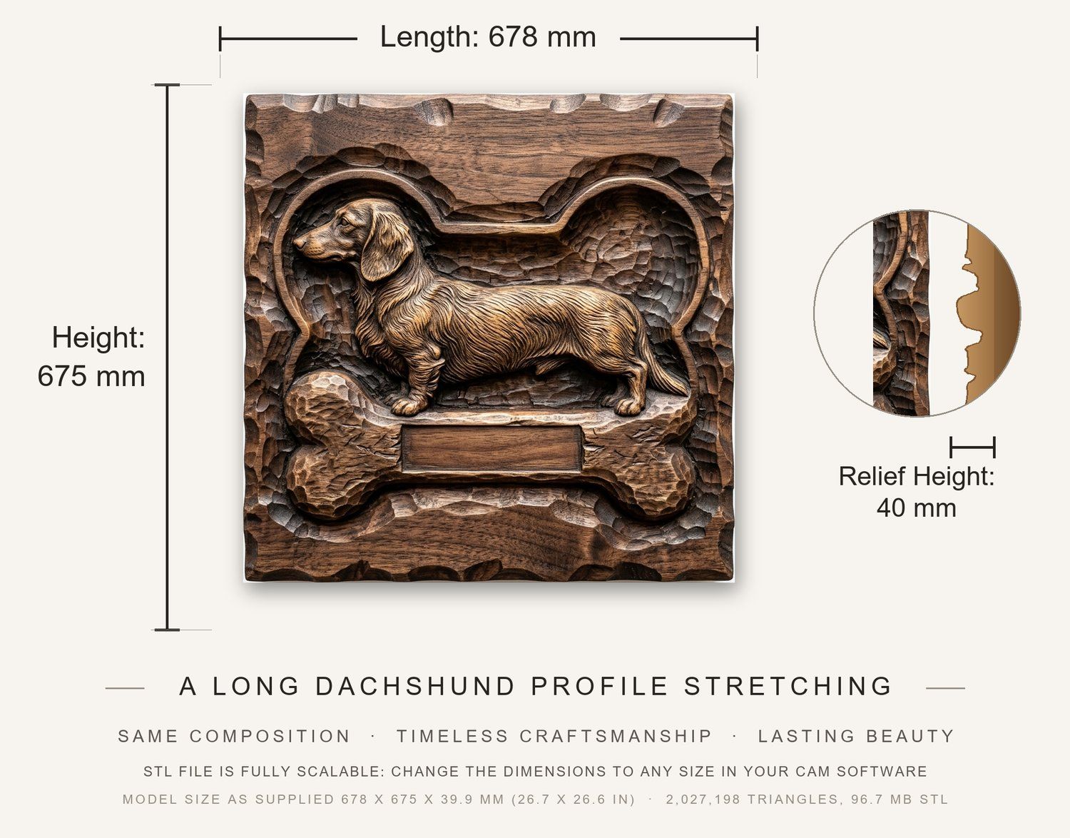 Majestic Long Haired Dachshund Dog Bone CNC Relief STL bas-relief STL — view 3