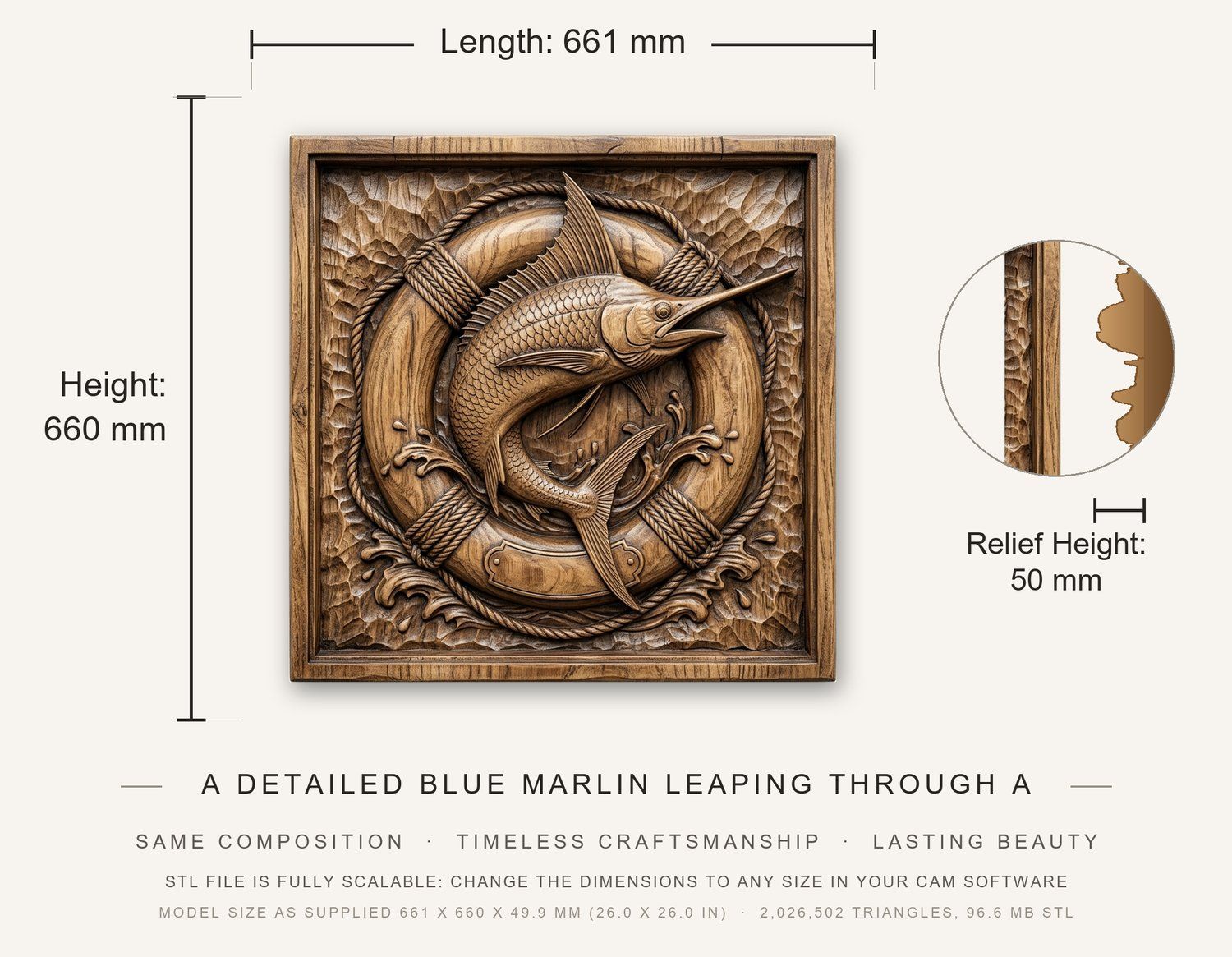 Majestic Marlin Jumping Lifebuoy CNC Relief STL bas-relief STL — view 3